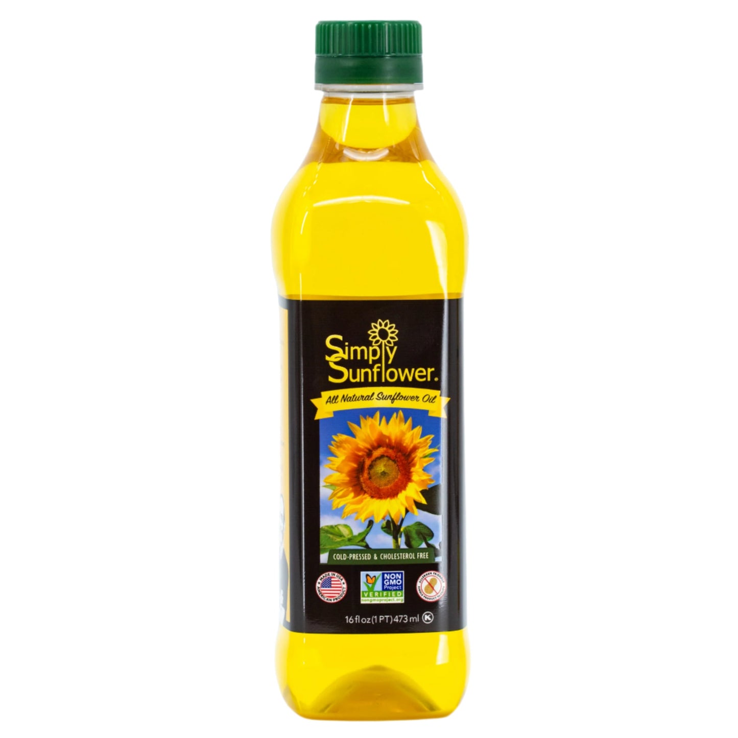 Bottle of Simply Sunflower sunflower oil, 16 oz, non-GMO, gluten-free, vegan, with a sunflower illustration on the label