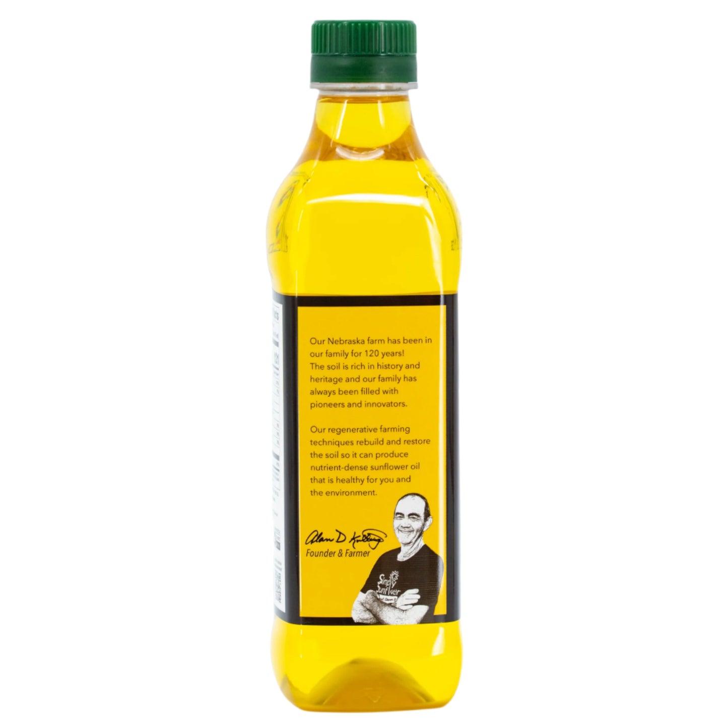 BuyNebraska.com sunflower oil in a 16 oz bottle, non-GMO, gluten-free, vegan, with a clear label and golden color.