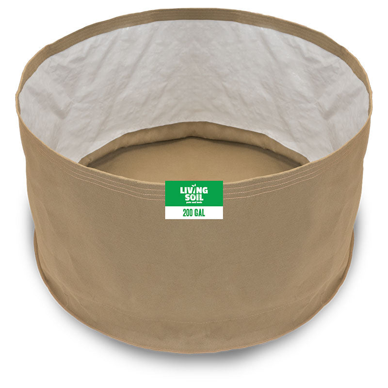 200-gallon Grassroots Fabric Pot for living soil cultivation, durable fabric planting container for large-scale gardening.