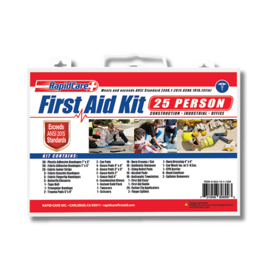Small 25-person first aid kit by Rapid Care First Aid with metal case, containing emergency medical supplies for groups.