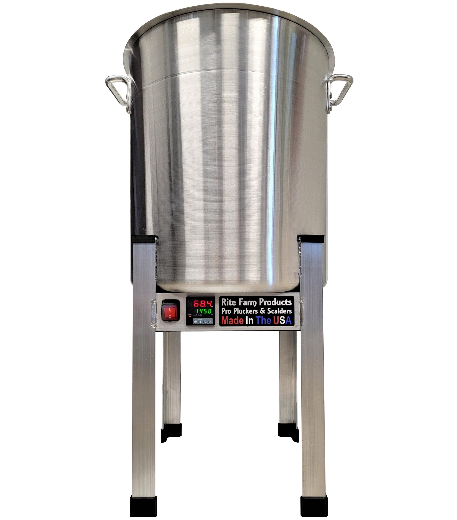 15-gallon 240V 3,000W poultry scalder for chicken, duck, goose, and pheasant processing, made in the USA.