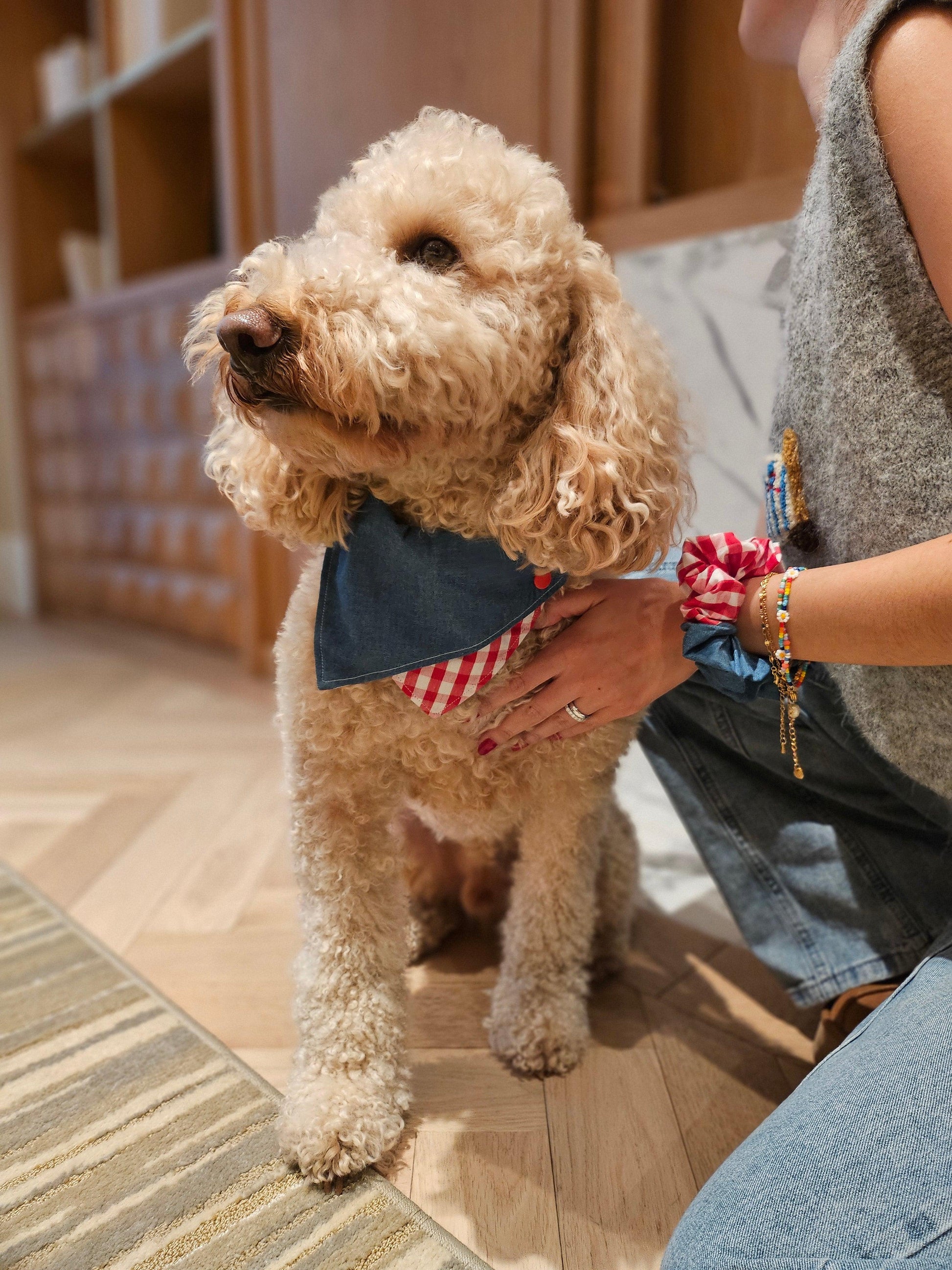 Handmade denim gingham print scrunchie by BarkBarkBaby, featuring a soft fabric hair accessory with a stylish pattern.