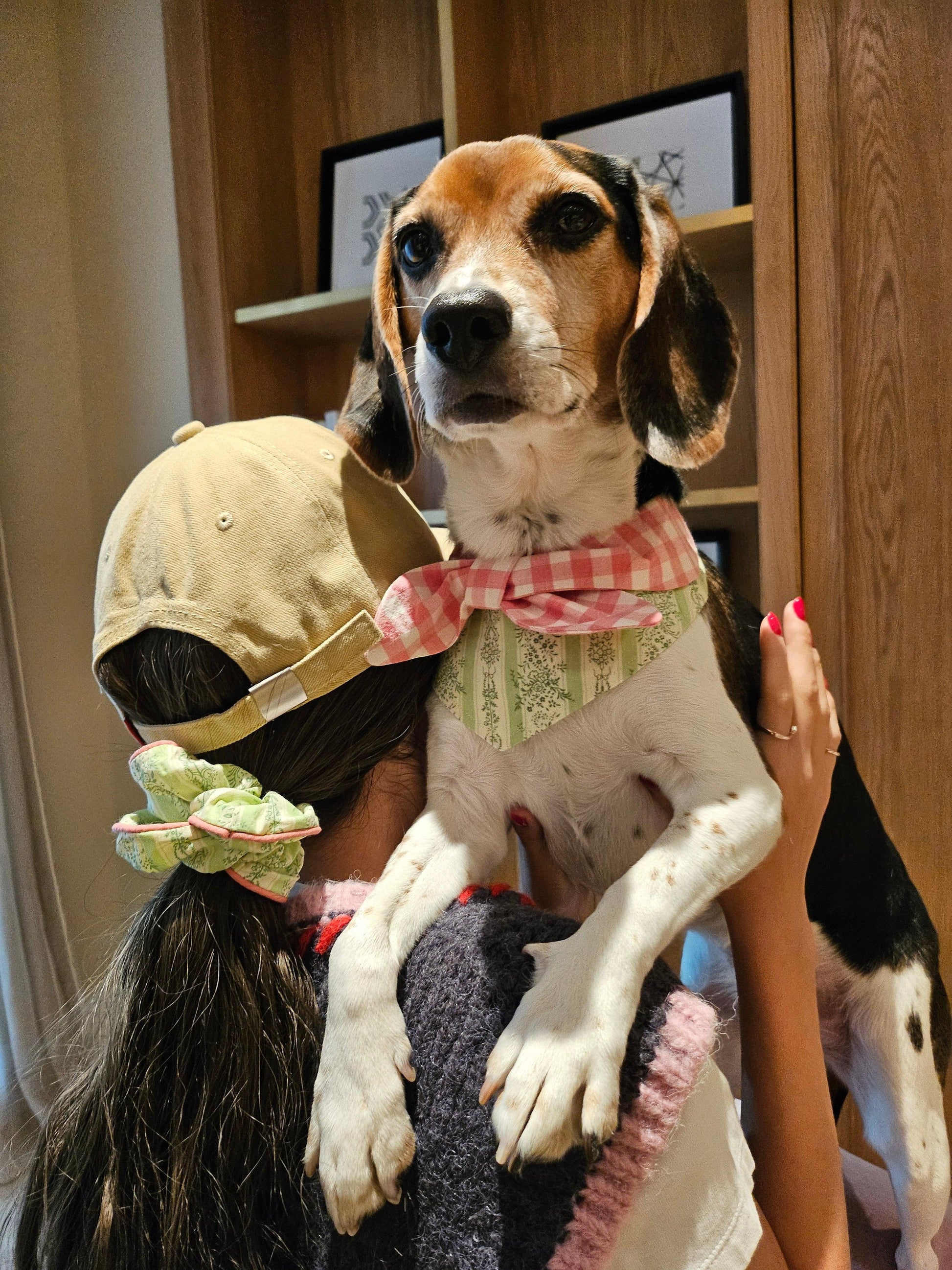 Handmade floral gingham print scrunchie from Picnic Bliss by BarkBarkBaby, featuring a colorful, soft fabric with elastic for hair styling.