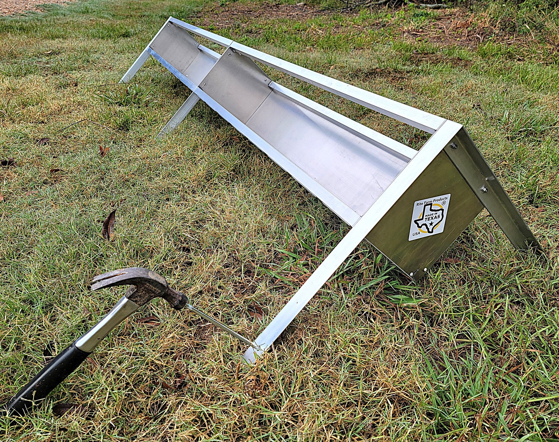 96-inch welded aluminum sheep and goat V trough feeder with anchors, ideal for livestock feeding, made in the USA.