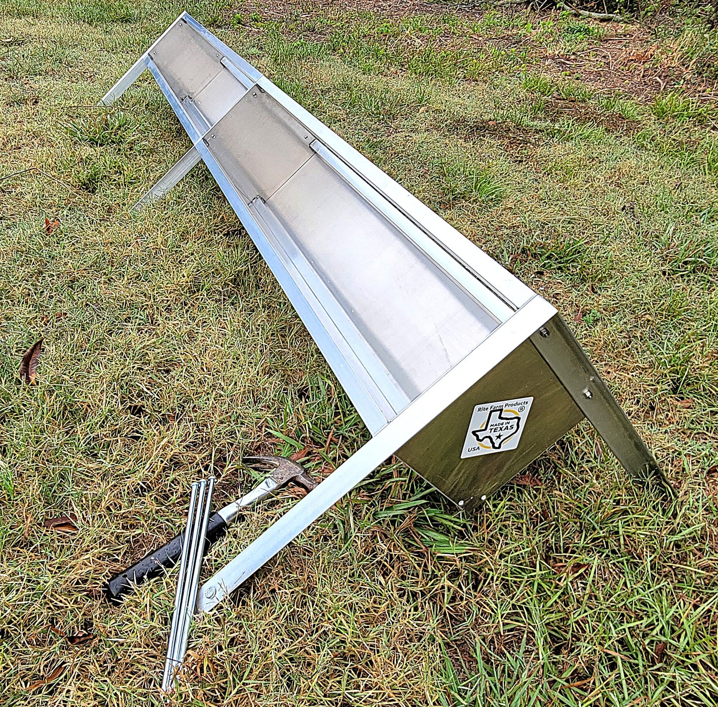 Aluminum sheep and goat V trough feeder with anchors, 96 inches long, ideal for lambs and livestock, USA made.