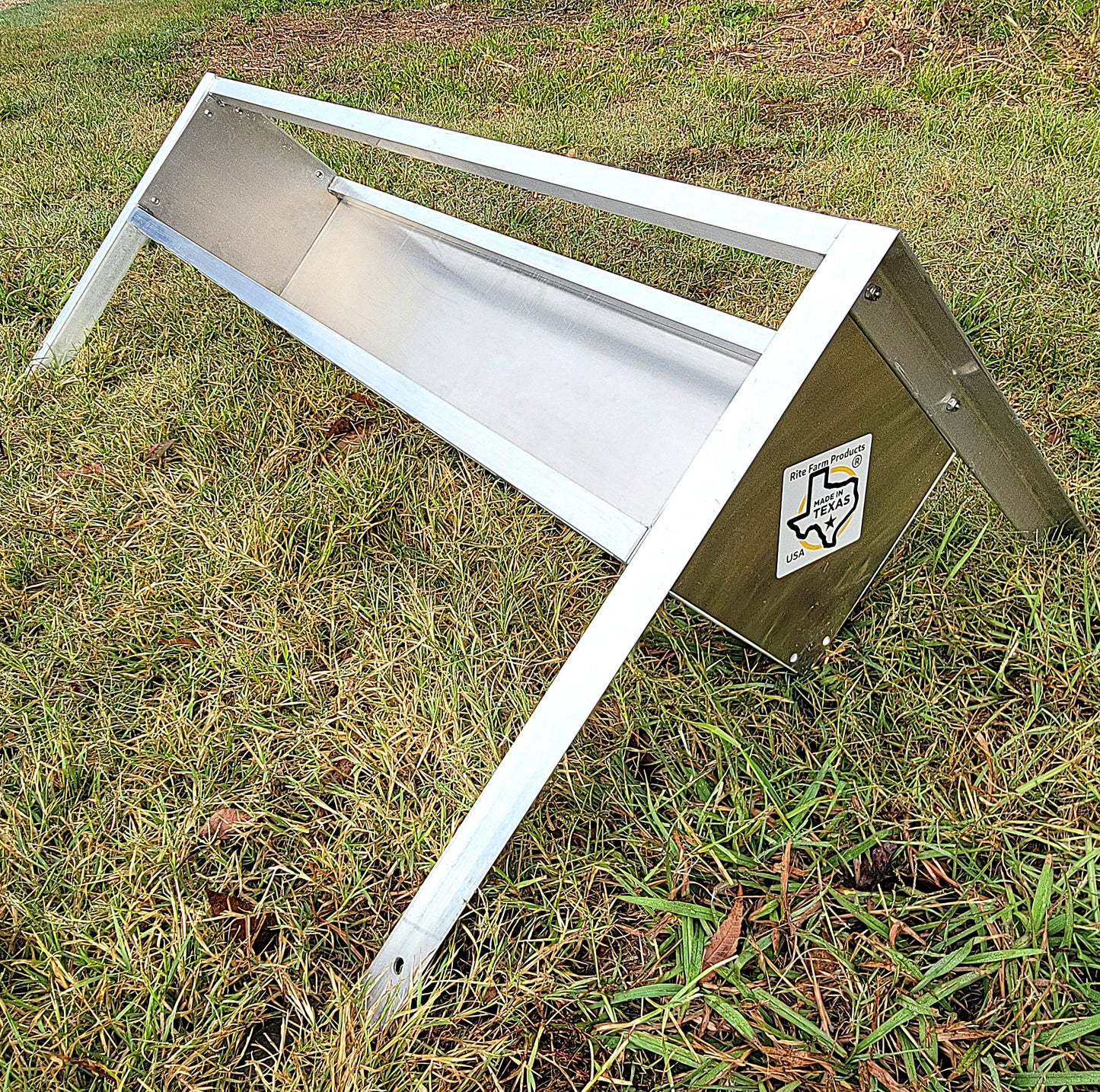 48-inch welded aluminum sheep and goat V trough feeder with anchors, ideal for livestock feeding, USA-made by coopsnmore.com