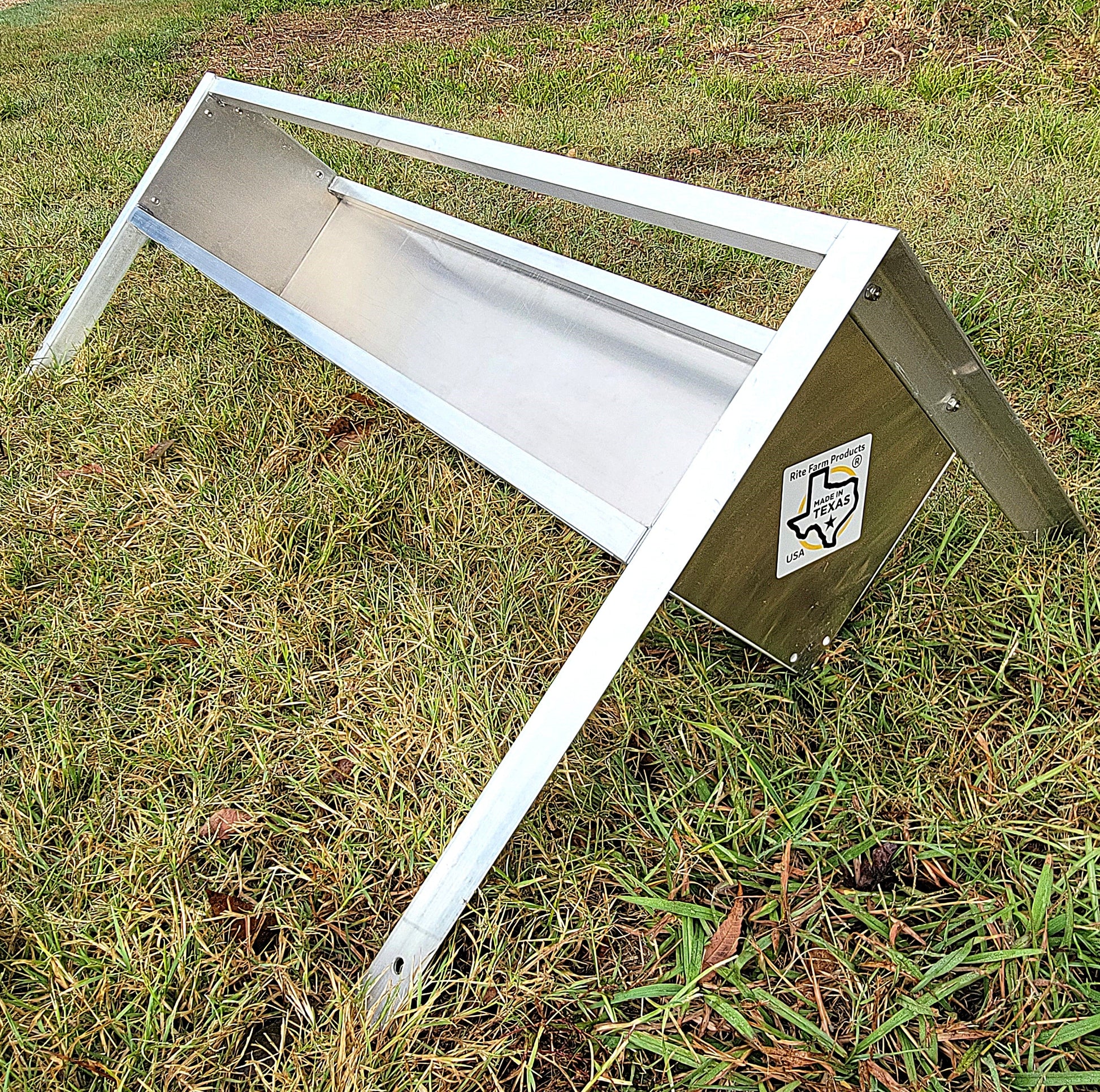 48-inch welded aluminum sheep and goat V trough feeder with anchors, ideal for livestock feeding, USA-made by coopsnmore.com
