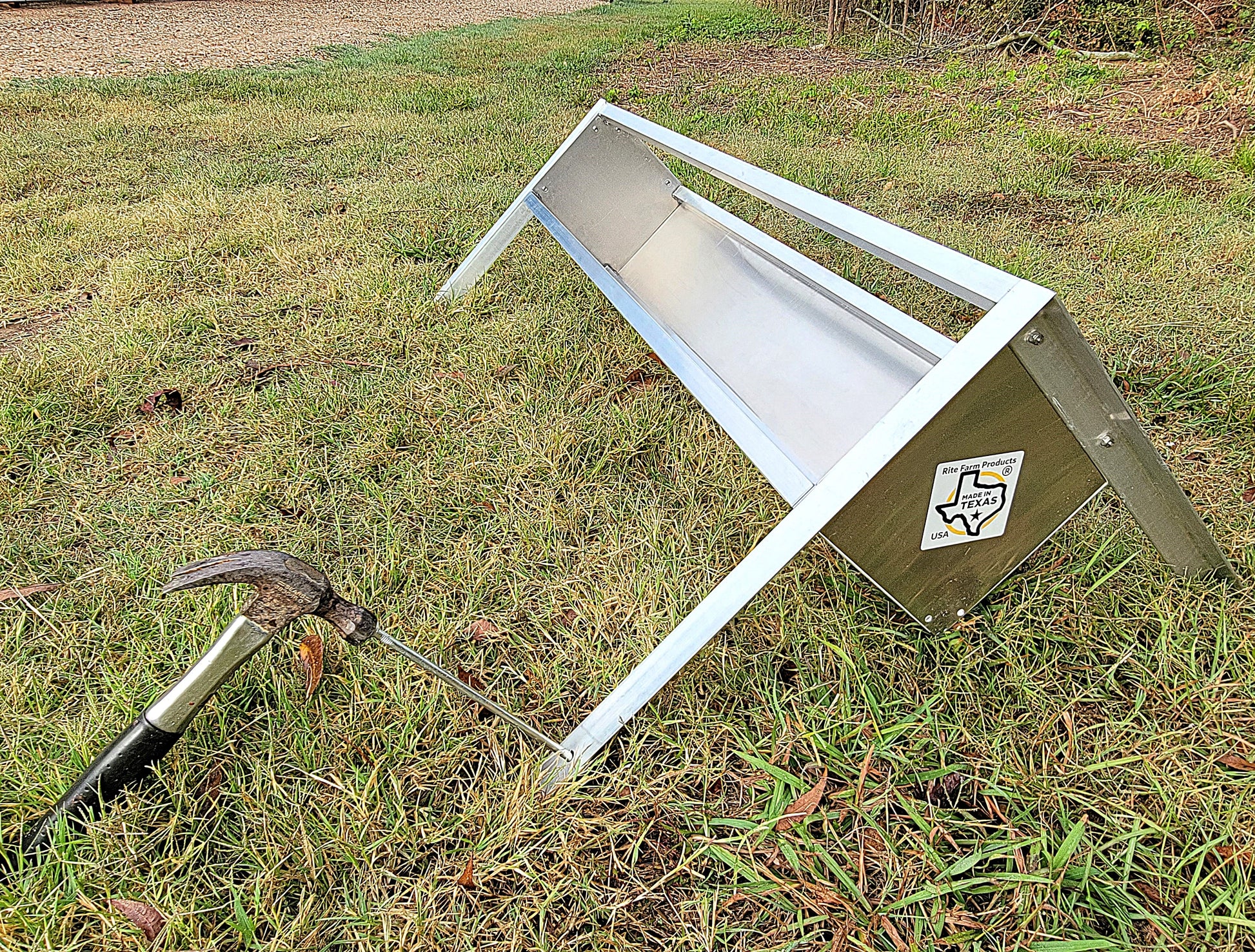 48-inch welded aluminum sheep and goat V trough feeder with anchors, ideal for livestock, made in the USA.