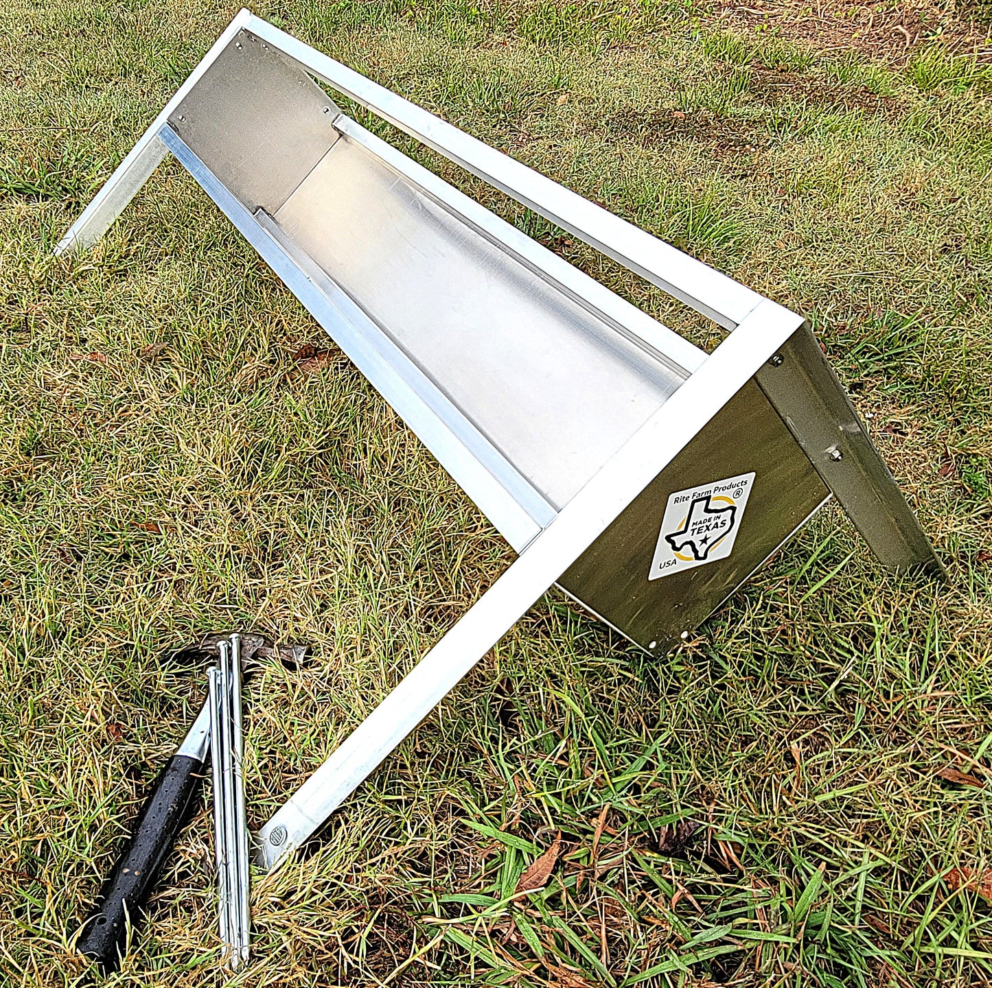 48-inch welded aluminum sheep and goat V trough feeder with anchors, ideal for livestock feeding, USA-made coopsnmore.com