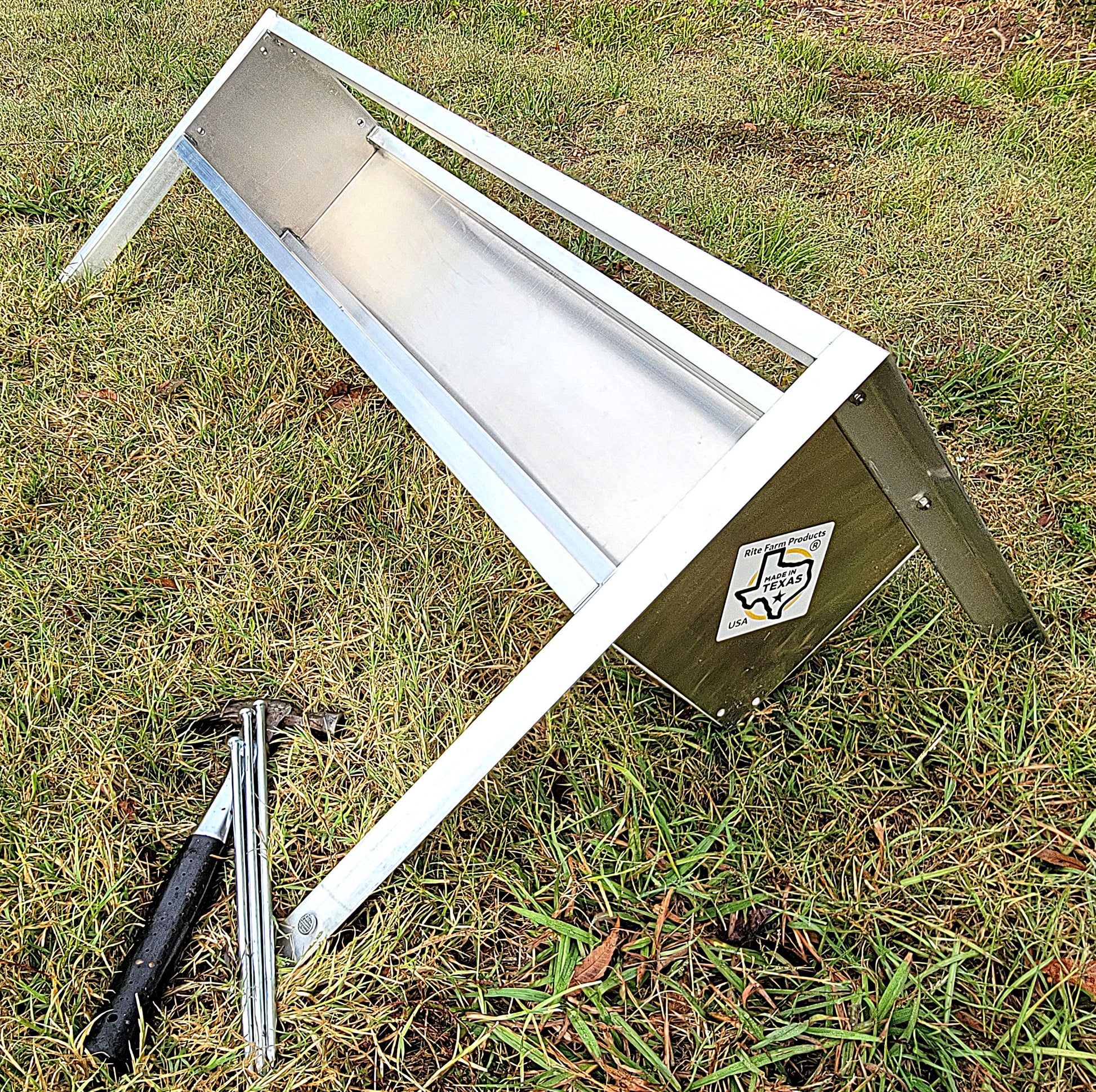 48-inch welded aluminum sheep and goat V trough feeder with anchors, ideal for livestock feeding, USA-made coopsnmore.com