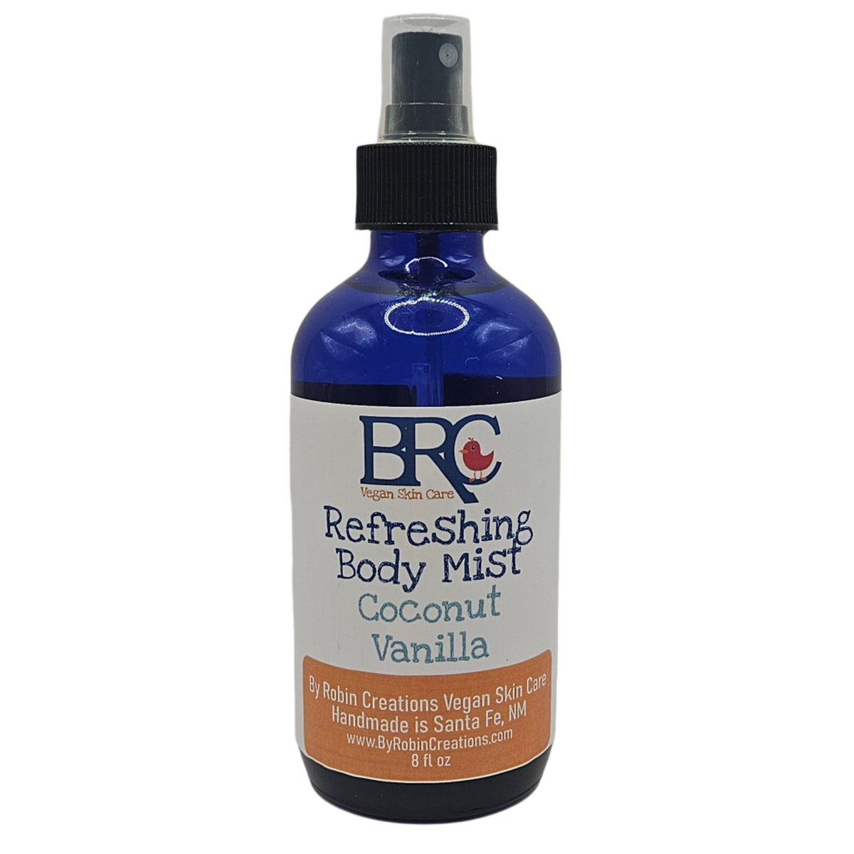 By Robin Creations Light & Refreshing Essential Oil Body Mist in a clear spray bottle, designed for a light, aromatic fragrance.