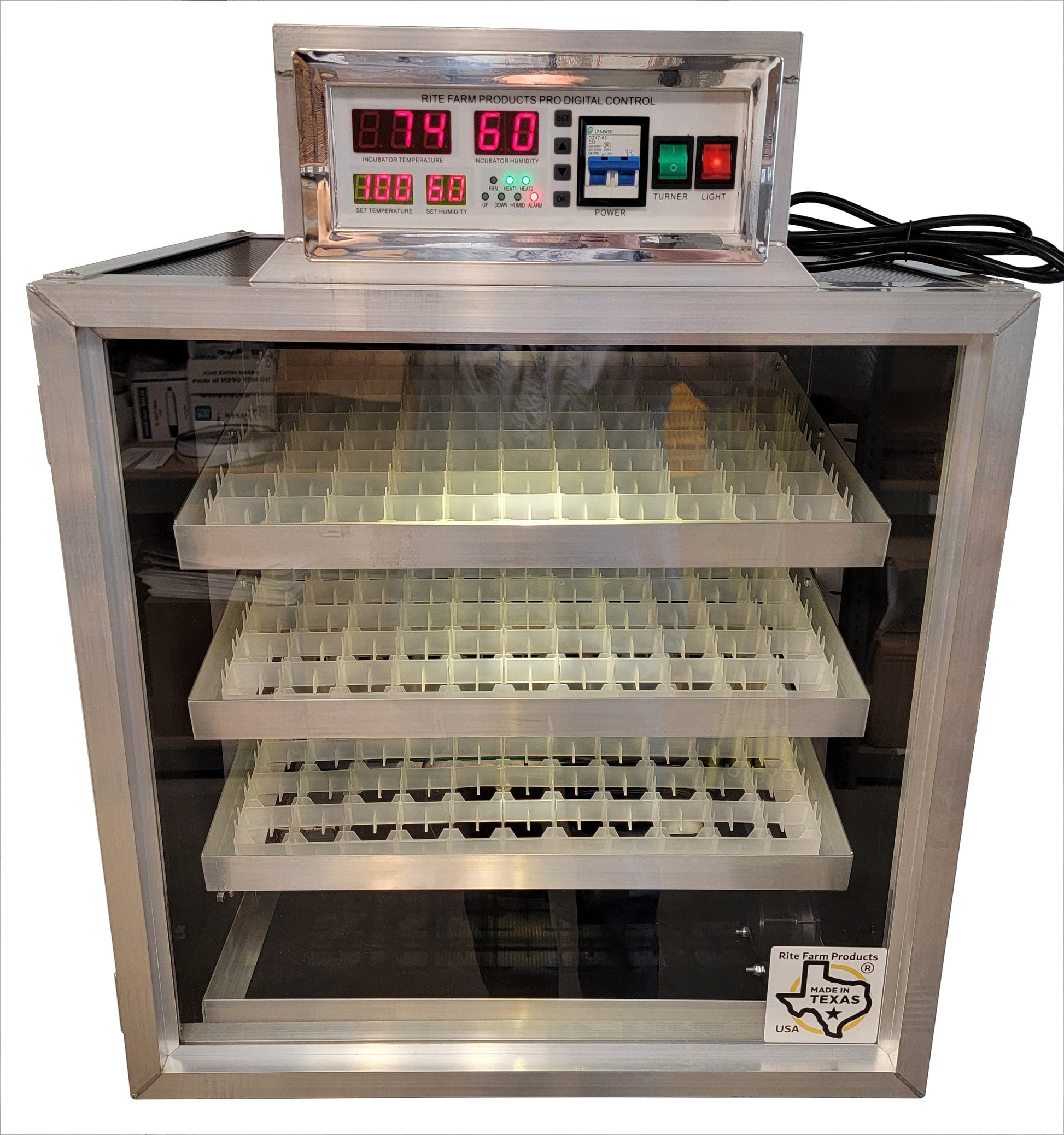 Rite Farm Products PRO264 USA-made cabinet incubator for chicken, duck, goose, and pheasant eggs, with digital controls and clear viewing window.