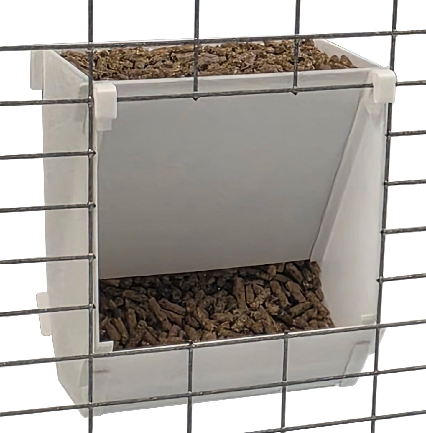 Texas USA made 6-inch hanging rabbit feeder with sifter base and ID tag, suitable for rabbit, ferret, chinchilla, and guinea pig feed.