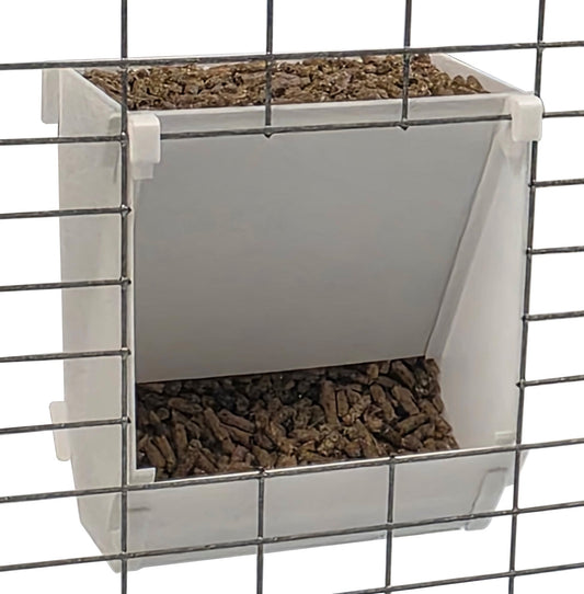 Texas USA Made 6-inch hanging rabbit feeder with sifter base, includes ID tag, suitable for rabbit, ferret, chinchilla, and guinea pig supplies.