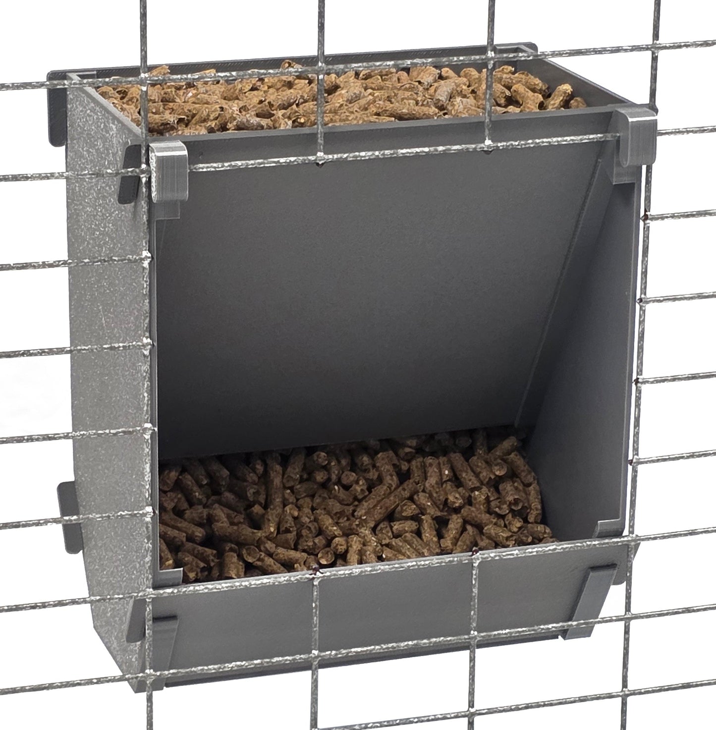 Texas USA made 6-inch hanging rabbit feeder with sifter base and ID tag, ideal for rabbit, ferret, chinchilla, and guinea pig feed.