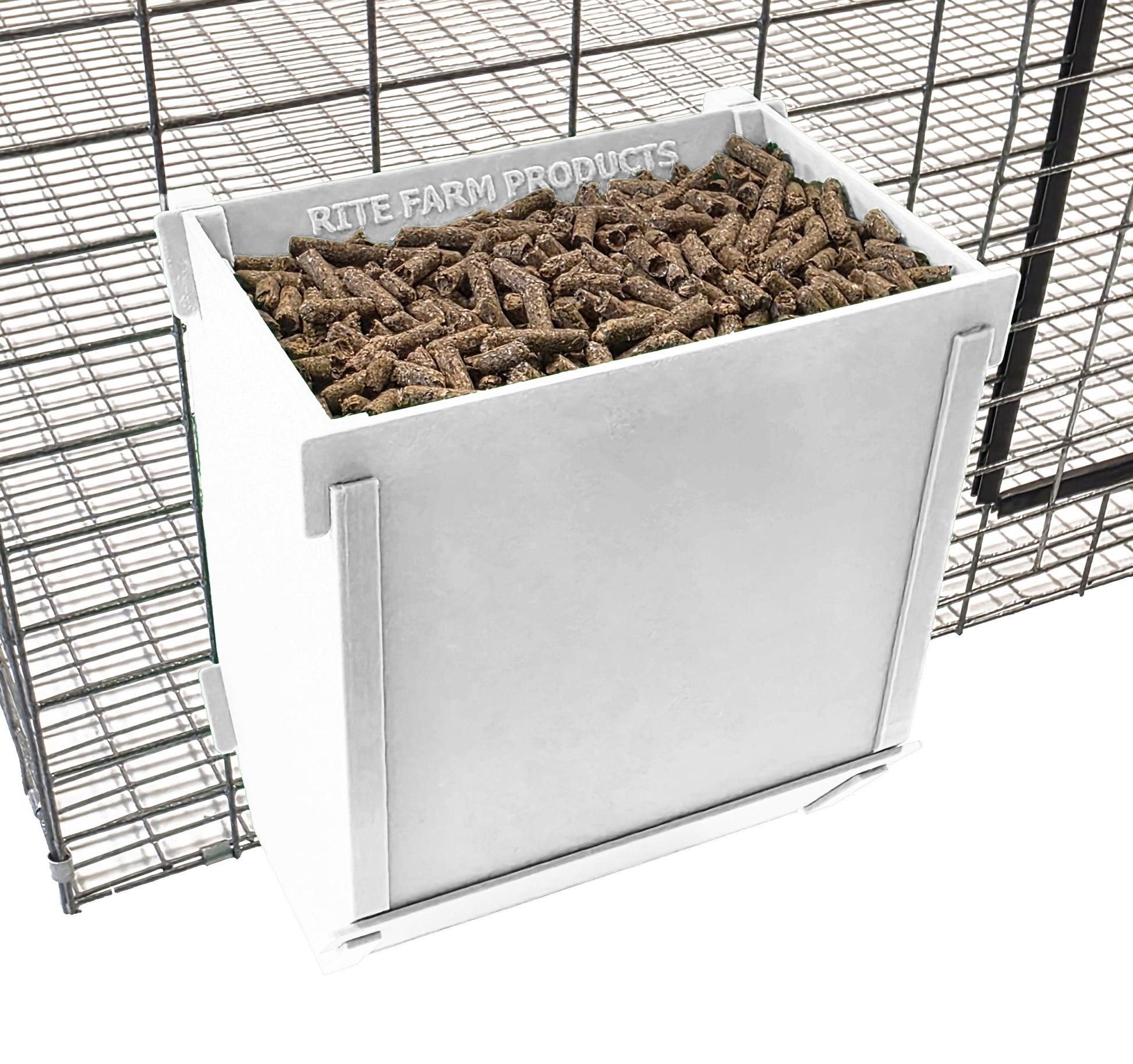 White Texas USA-made 6-inch hanging rabbit feeder with sifter base and ID tag for rabbit, ferret, chinchilla, and guinea pig supplies.