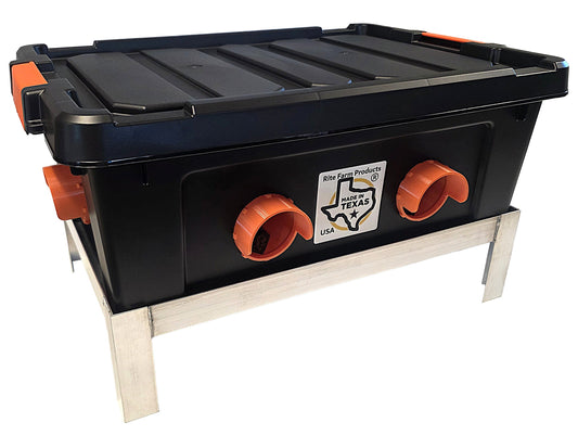 USA made 50lb capacity automatic chicken feeder with 6 ports on welded aluminum stand, suitable for poultry like chickens, ducks, geese.
