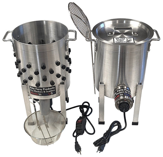 Pro USA Quail Plucker and 4-gallon scalder by coopsnmore.com for small bird processing, 120V, 1,000-watt power in a compact setup.