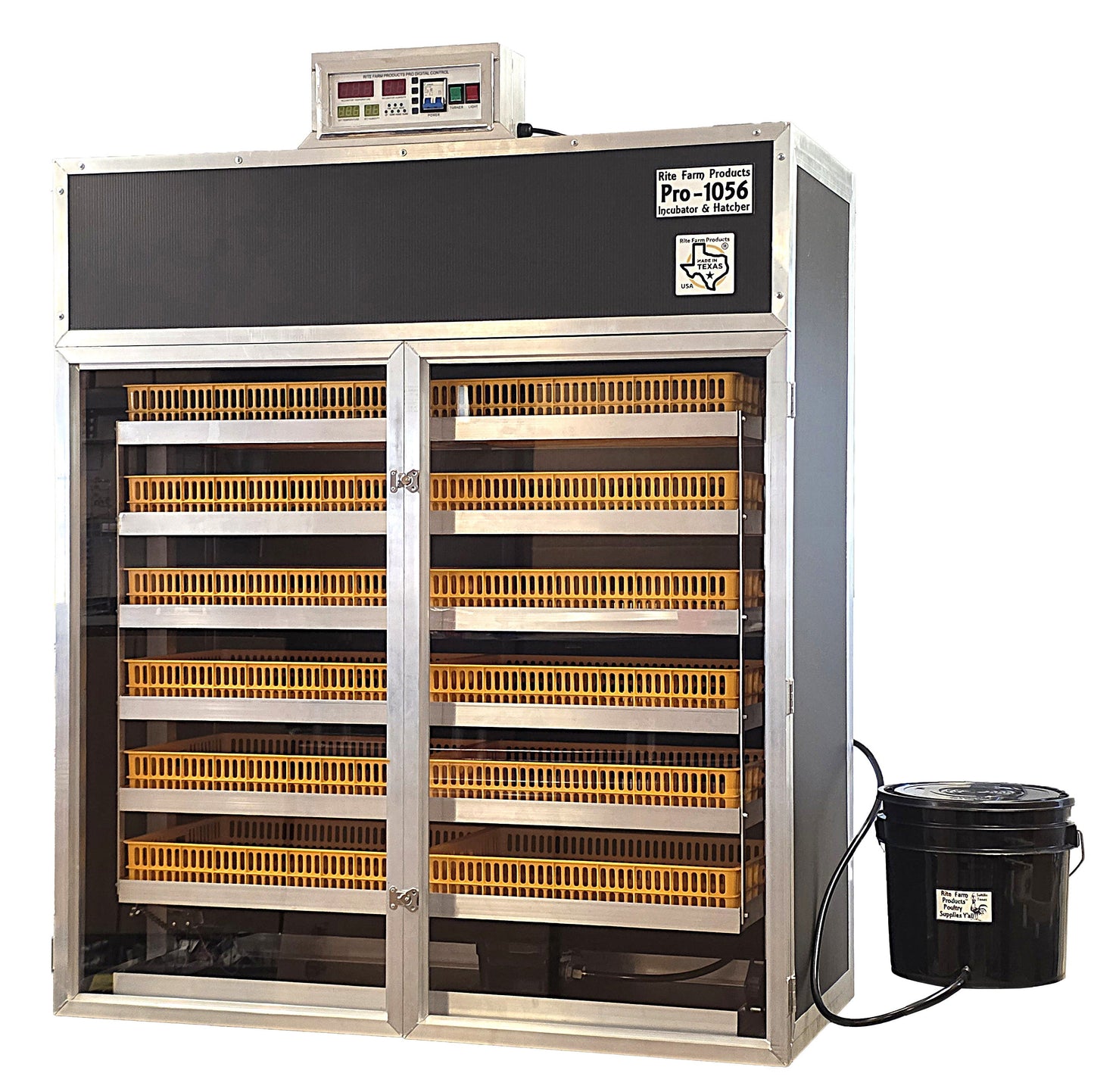 Chicken, duck, goose, and pheasant incubator by Rite Farm Products, USA made, with clear view of the cabinet and digital controls.