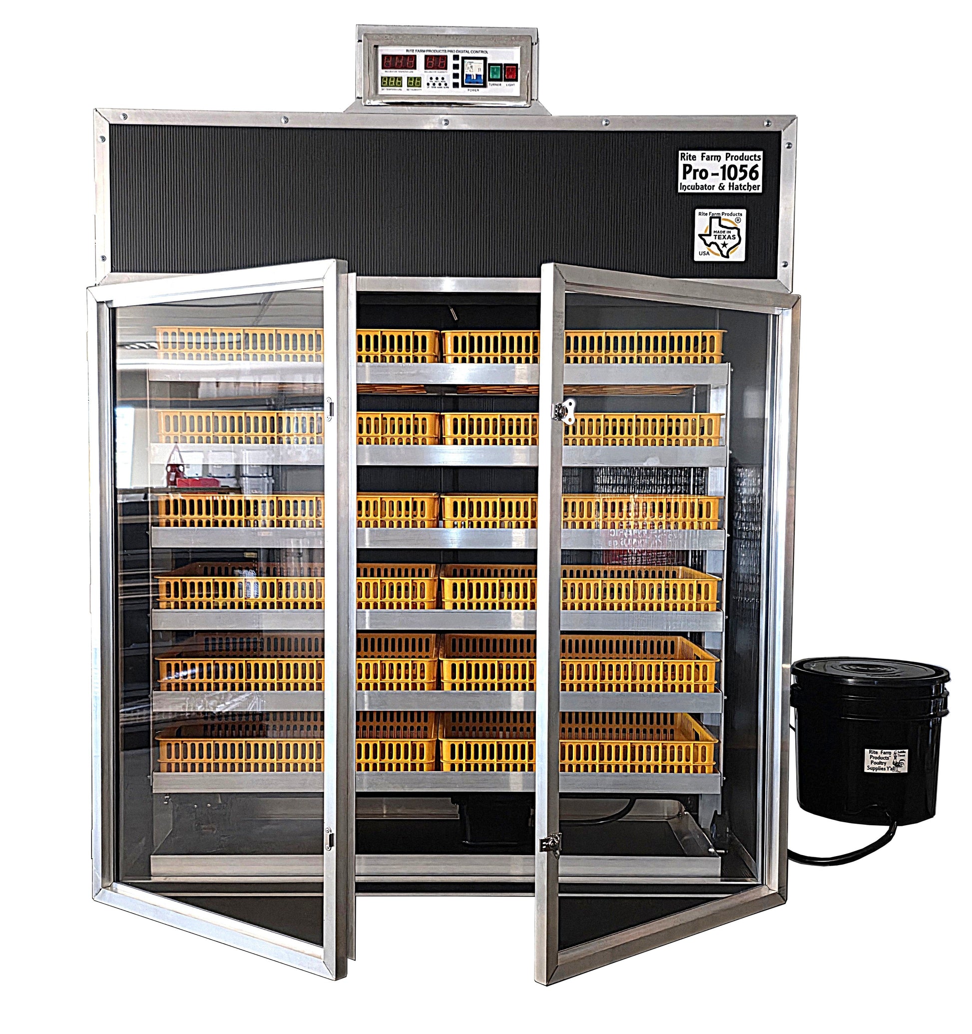 Coopsnmore PRO1056 USA-made cabinet incubator and egg hatcher for chicken, duck, goose, and pheasant eggs, with viewing window.