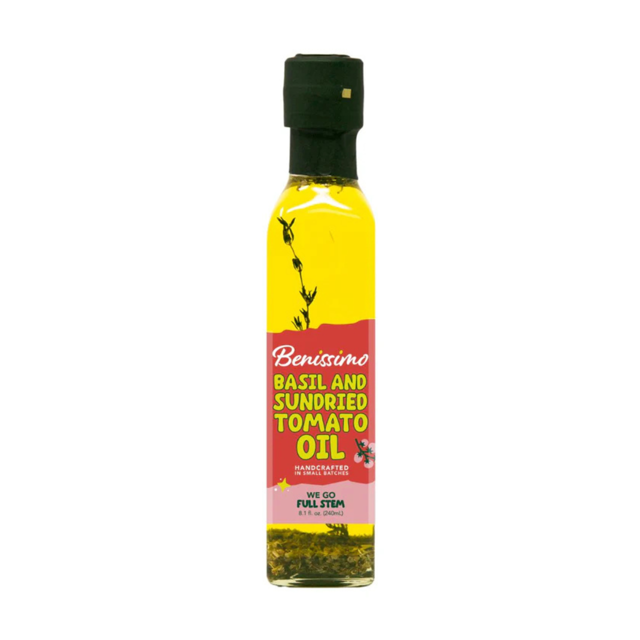 Benissimo Basil and Sun Dried Tomato Oil by Hongar Farms in a 240mL bottle, featuring fresh basil and sun-dried tomato ingredients.