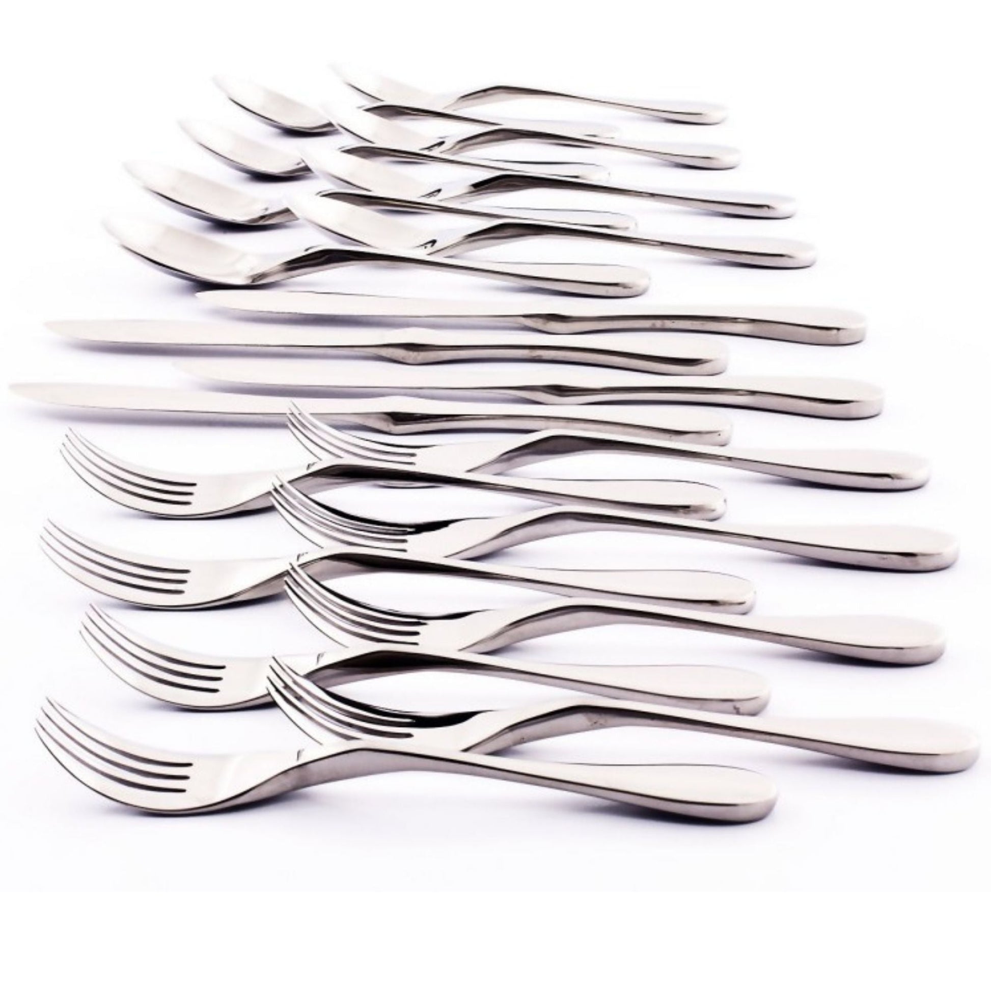 Knork Original 20-piece flatware set with knives, forks, and spoons arranged on a white background for service for four.