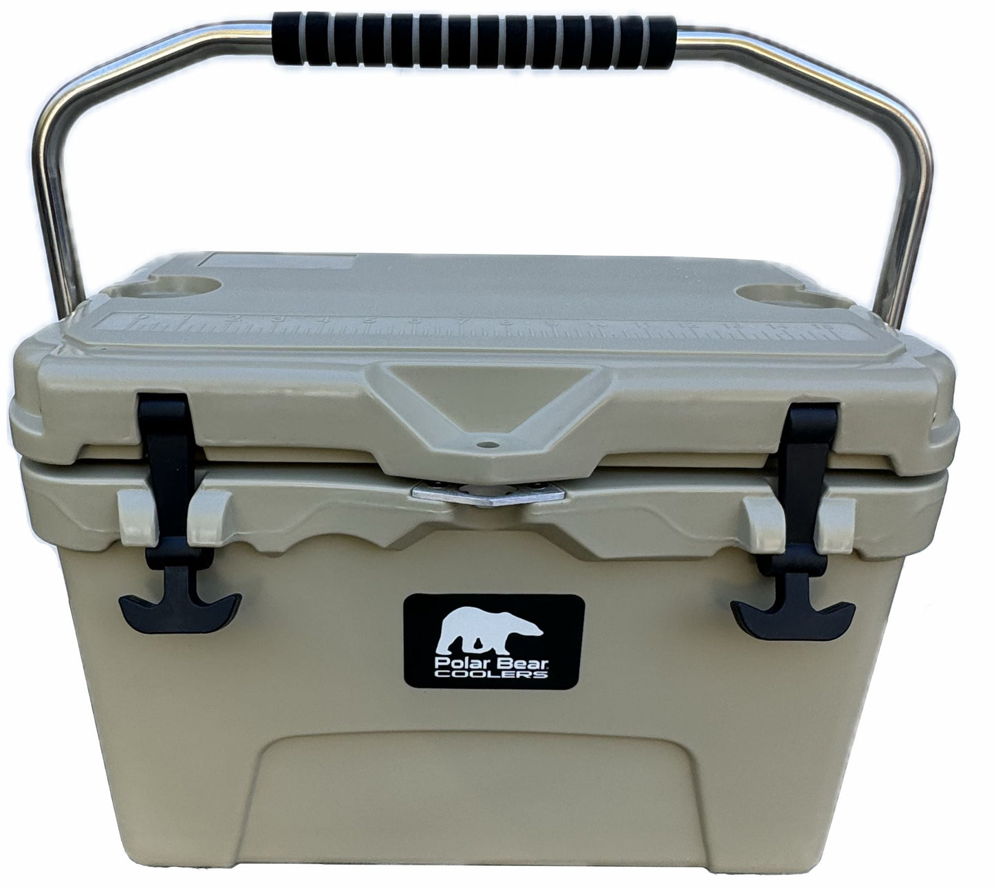 Polar Bear 20 Hard Cooler in khaki color, durable insulated cooler with sturdy handles for outdoor use.