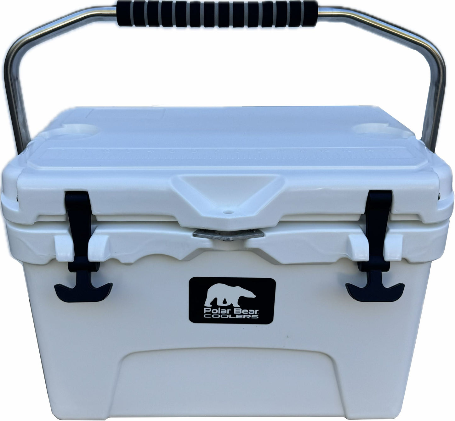 White Polar Bear 20 Hard Cooler with sturdy handle and secure lid, designed for outdoor and travel use by Polar Bear Coolers.