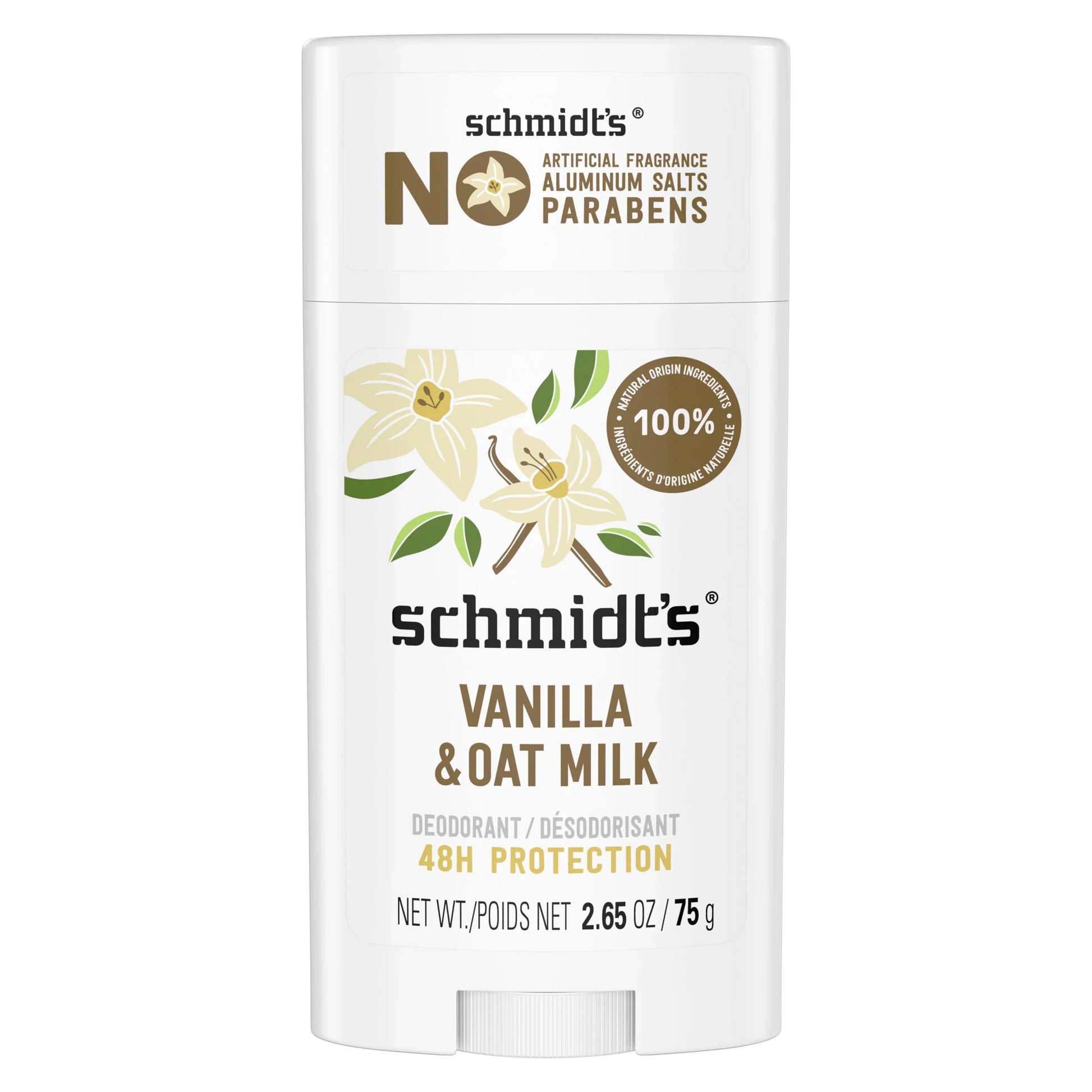 Cozy Farm Schmidt's Vanilla Oatmilk Deodorant stick with natural odor protection, 2.65 oz, in a white container.