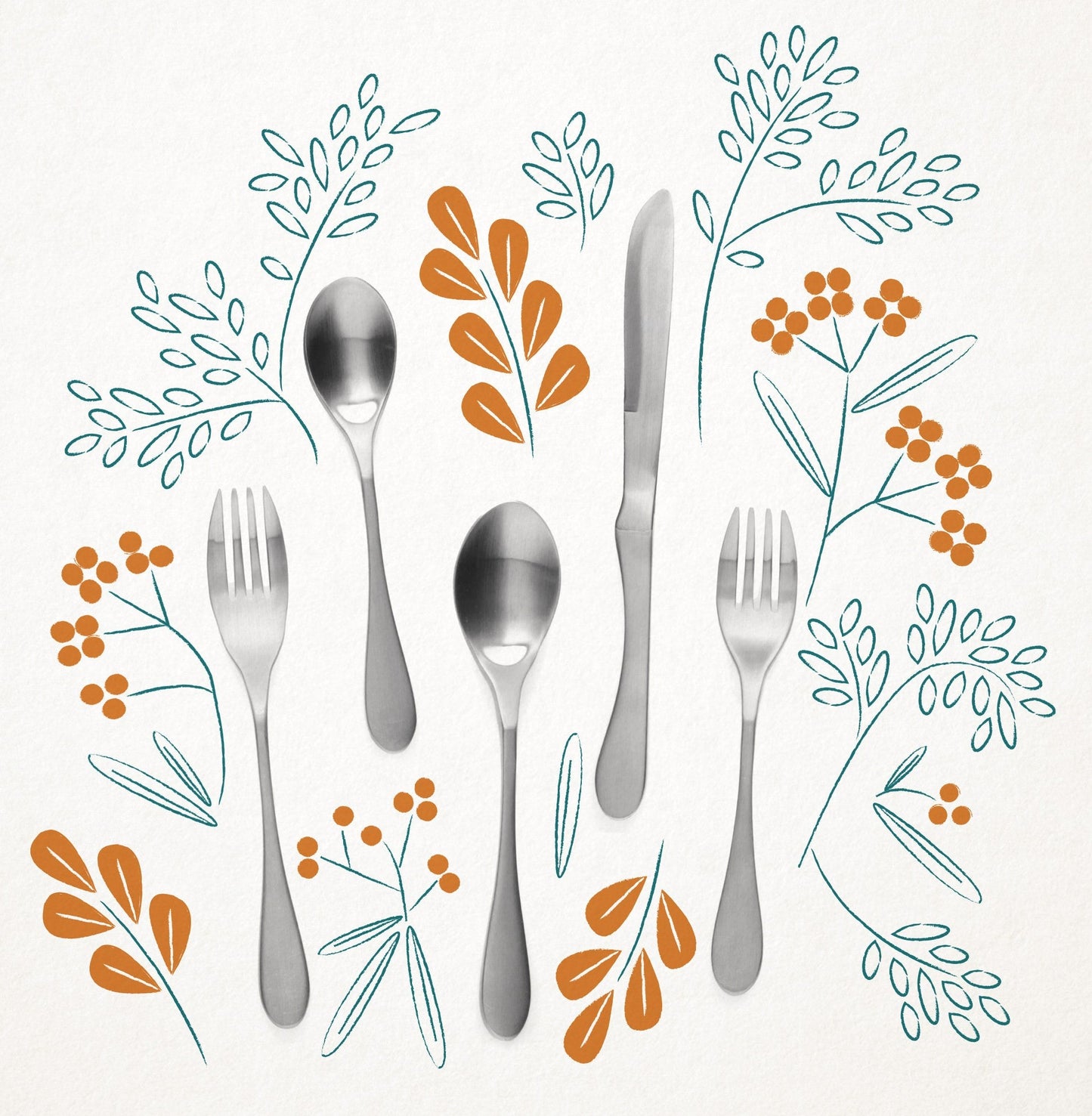 Knork Original 20-piece flatware set including forks, knives, spoons for four, made of stainless steel with sleek design.