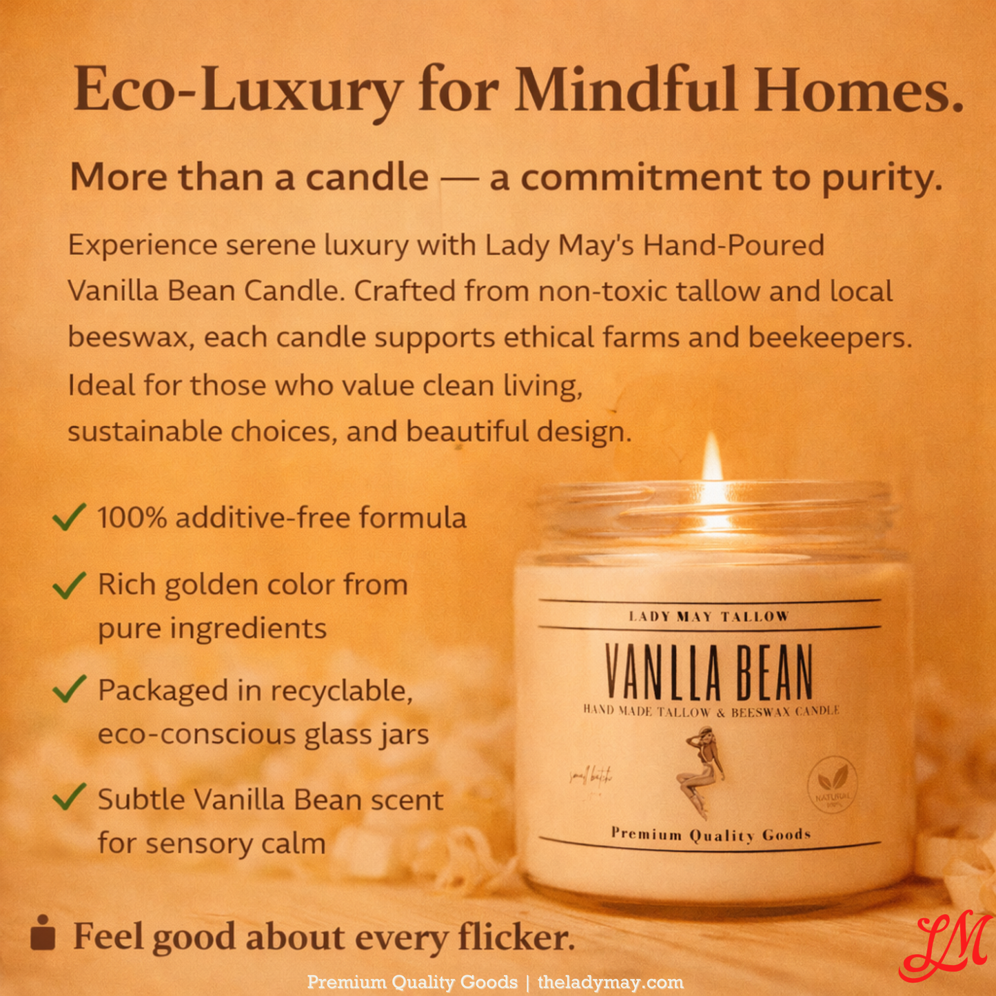 Lady May Tallow Classic Tallow and Beeswax Candle in 16oz jar, featuring natural scents and clean non-toxic burn.
