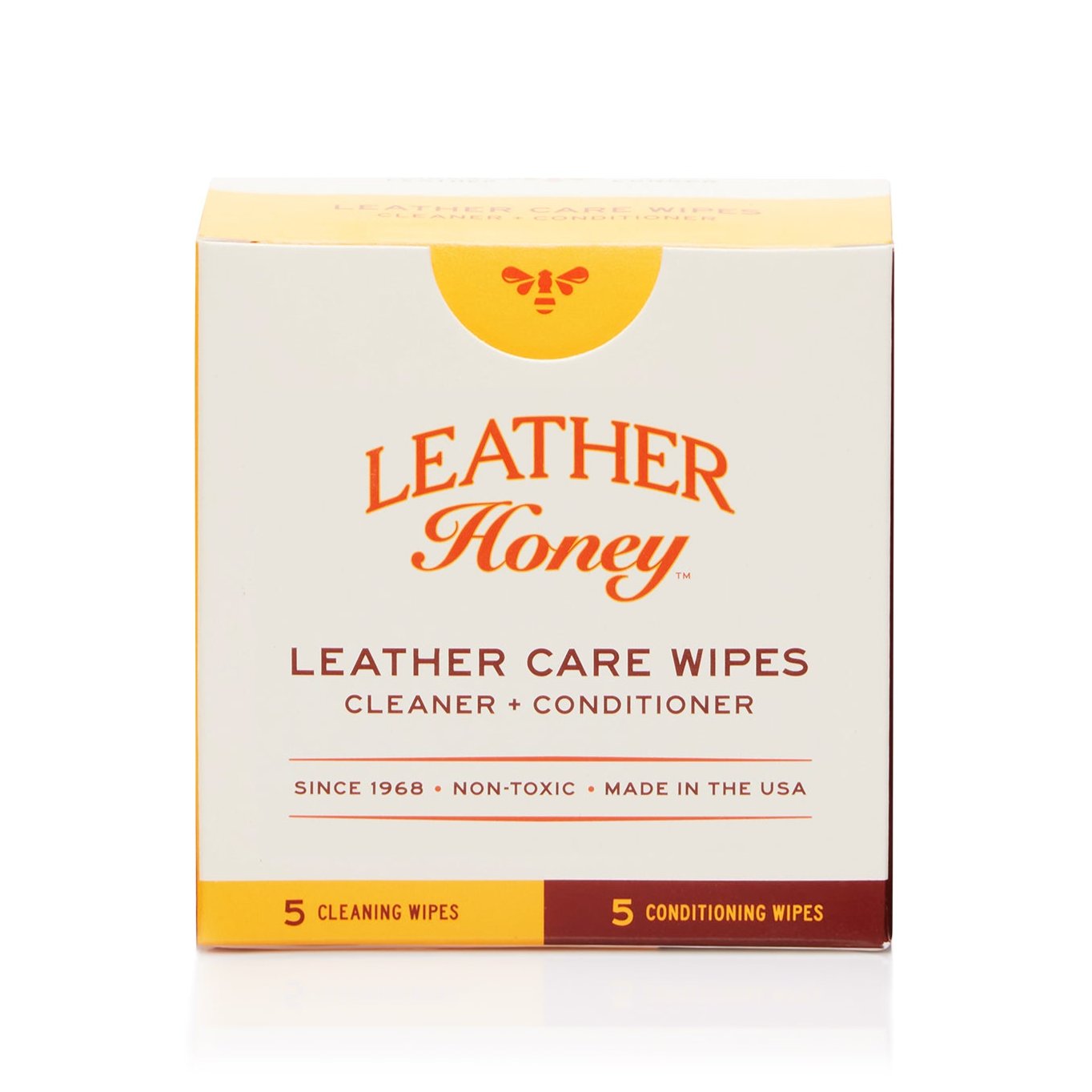 Leather Honey leather care wipes pack showing ten soft, pre-moistened wipes designed for cleaning and conditioning leather surfaces.