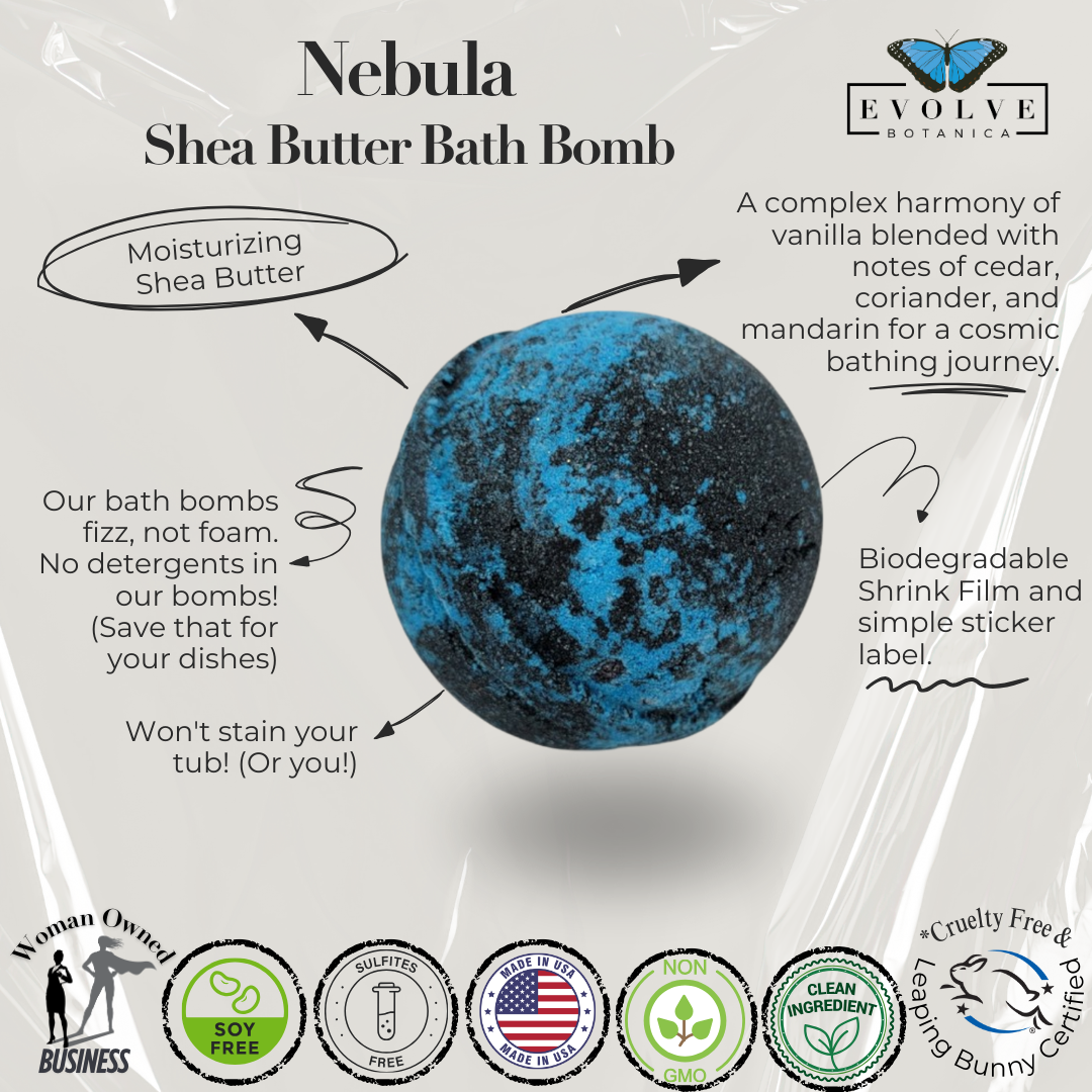 Evolve Botanica Nebula bath bomb with colorful swirls and textured surface, designed for a relaxing bath experience.