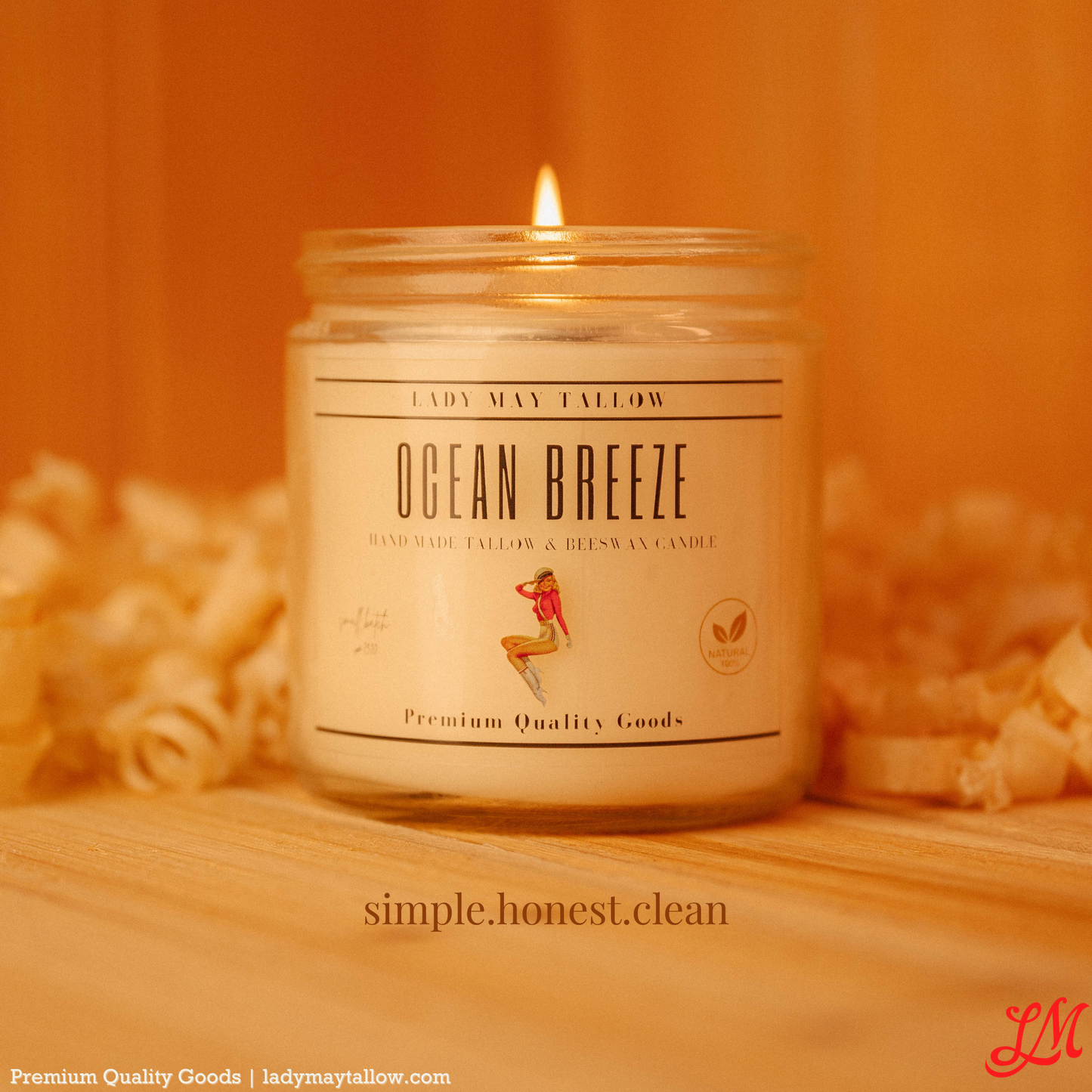 Lady May Tallow Classic candle in 16oz jar with natural beeswax, showcasing a clean-burning, non-toxic candle with subtle scent.