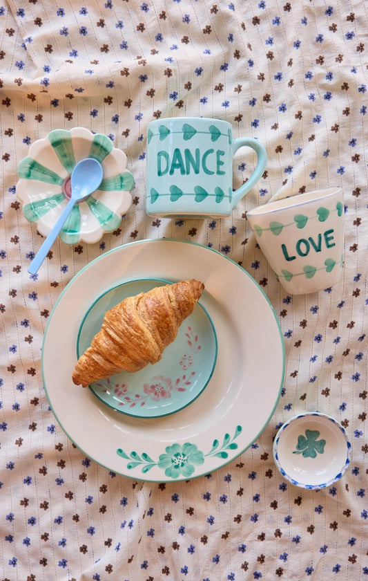 Ceramic Flower Dipping Bowl with Soft Green Hand Painted Stripes