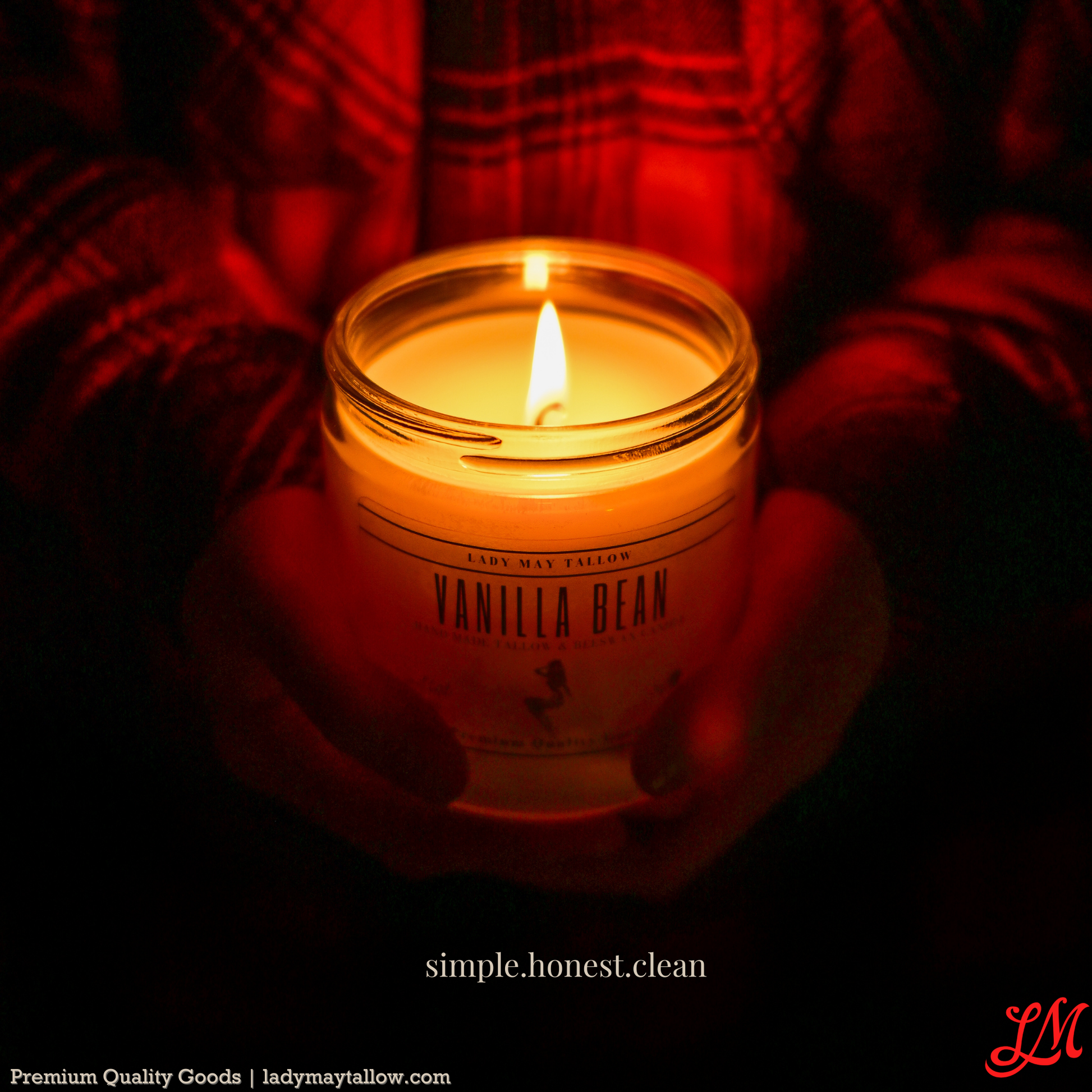 Lady May Tallow Classic Tallow and Beeswax Candle in a 16oz jar with natural scents, non-toxic and clean burning.