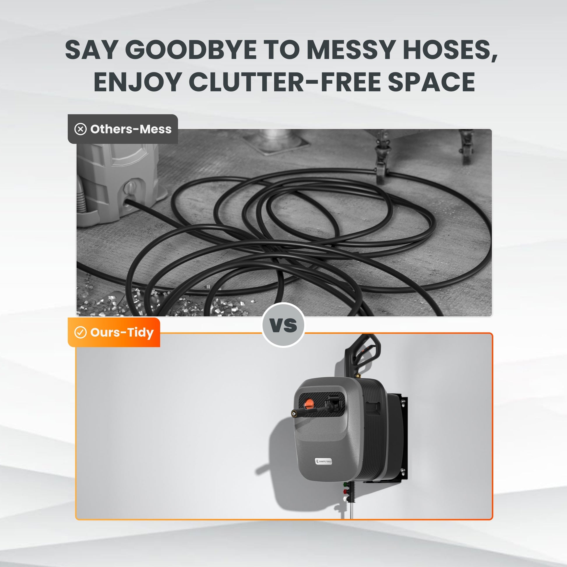 Giraffe Tools US Grandfalls Retractable Pressure Washer G20 with hose reel and trigger handle, ready for outdoor cleaning tasks