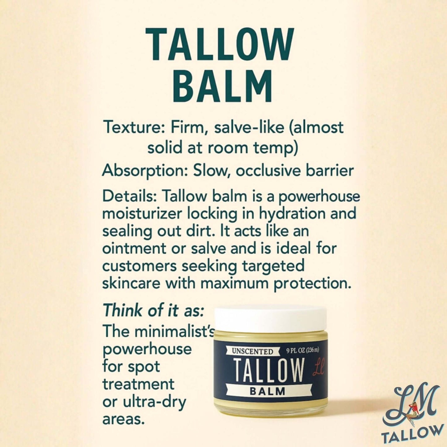 Unscented tallow balm by Lady May, natural beef tallow moisturizer for face and body, preservative-free skincare with vitamin E and jojoba
