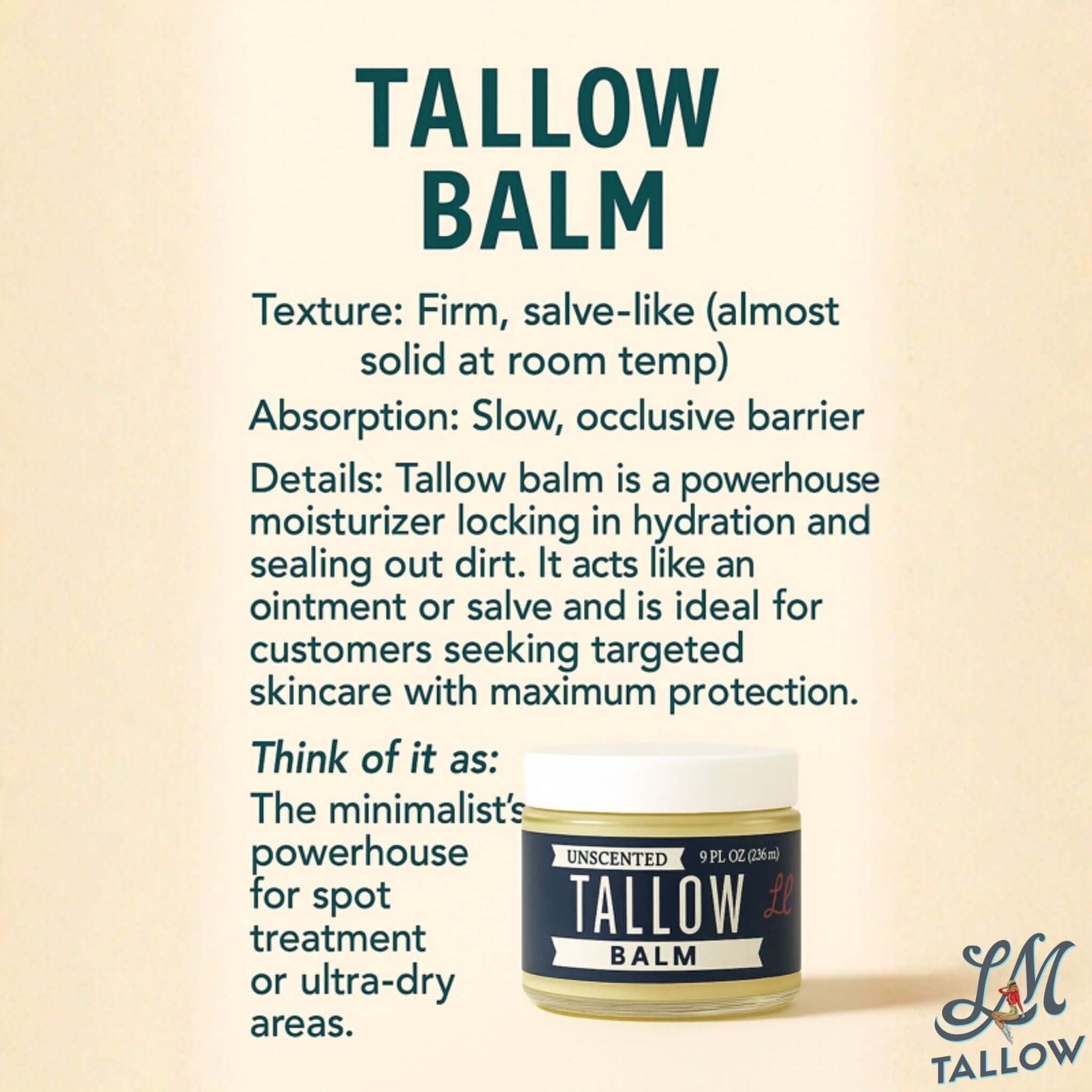 Unscented tallow balm by Lady May, natural beef tallow moisturizer for face and body, preservative-free skincare with vitamin E and jojoba