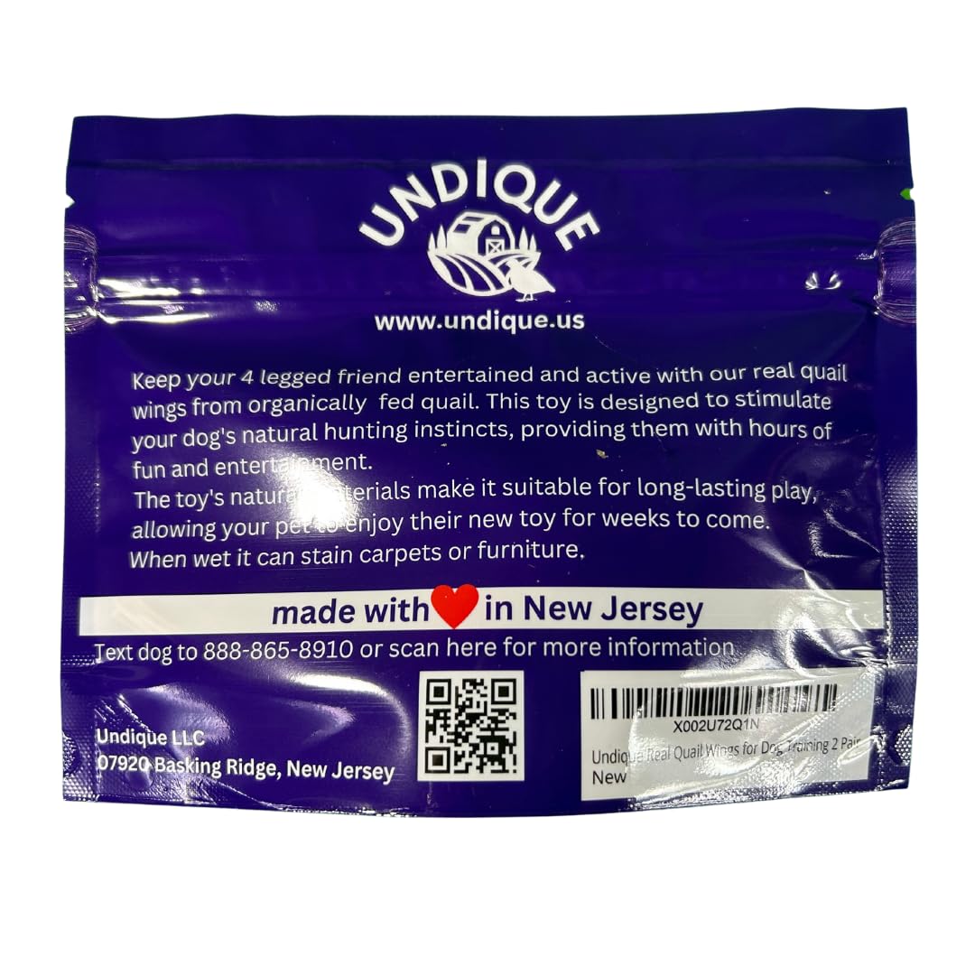 Pair of real quail wings for dog training, natural treats from Quailz.com by Undique LLC, shown in the image.