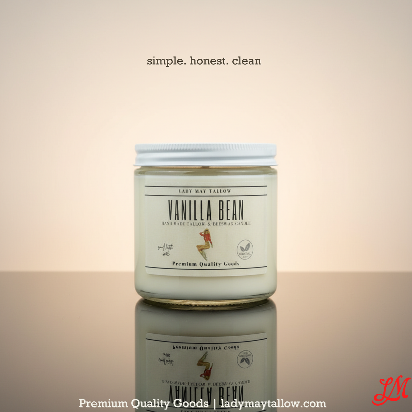 Lady May Tallow Classic candle in 16oz jar with beeswax, featuring 7 natural scents and non-toxic, clean-burning design.