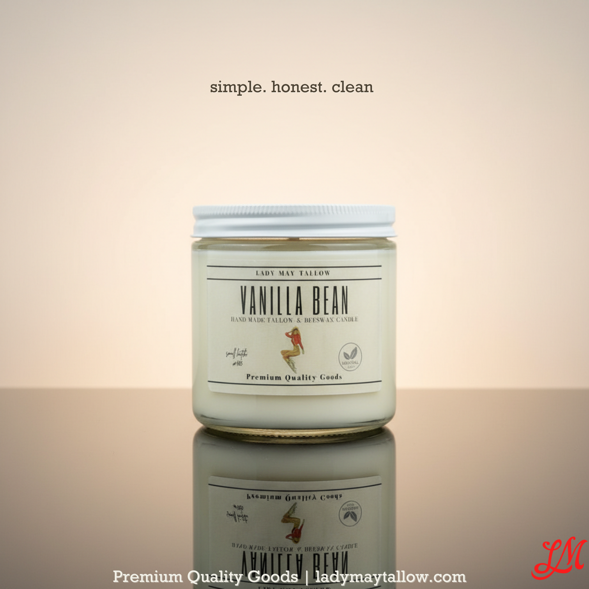 Lady May Tallow Classic candle in 16oz jar with beeswax, featuring 7 natural scents and non-toxic, clean-burning design.