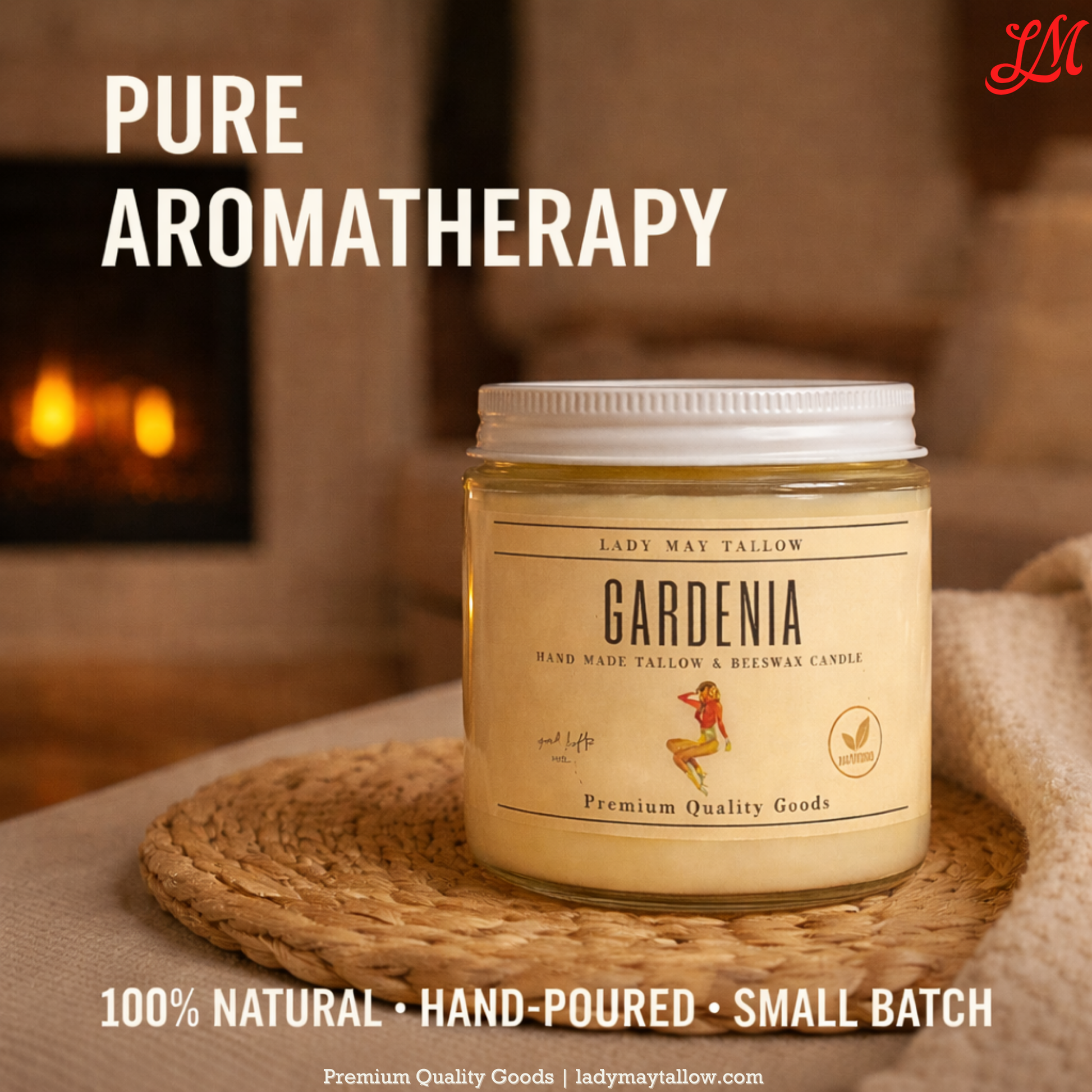 Lady May Tallow Classic candle in 16oz jar with natural beeswax, shown with a soft glowing flame and clean burning wick.