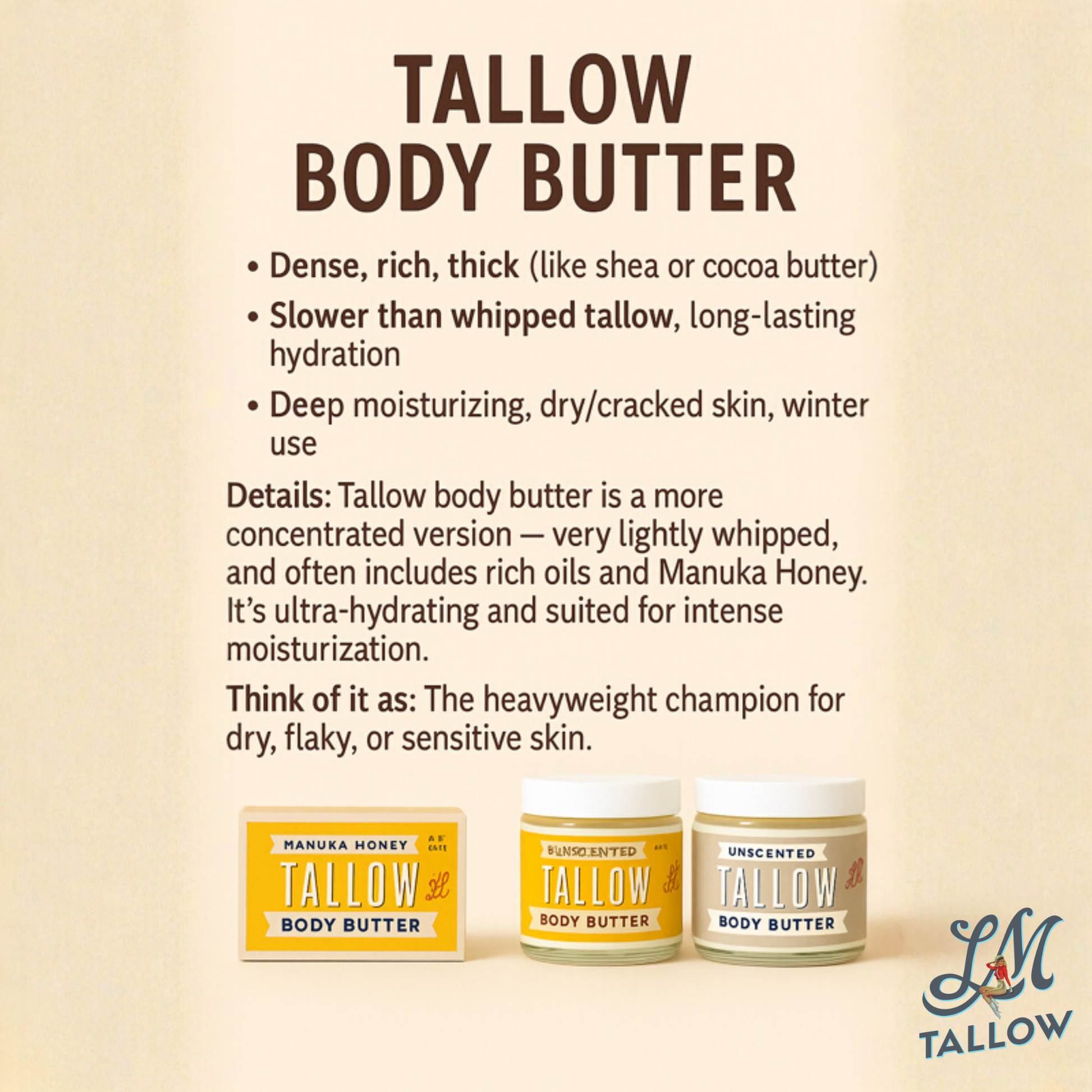 Lady May Tallow Manuka Honey and Rosehip Body Butter cream, rich and nourishing tallow-based lotion with natural ingredients.