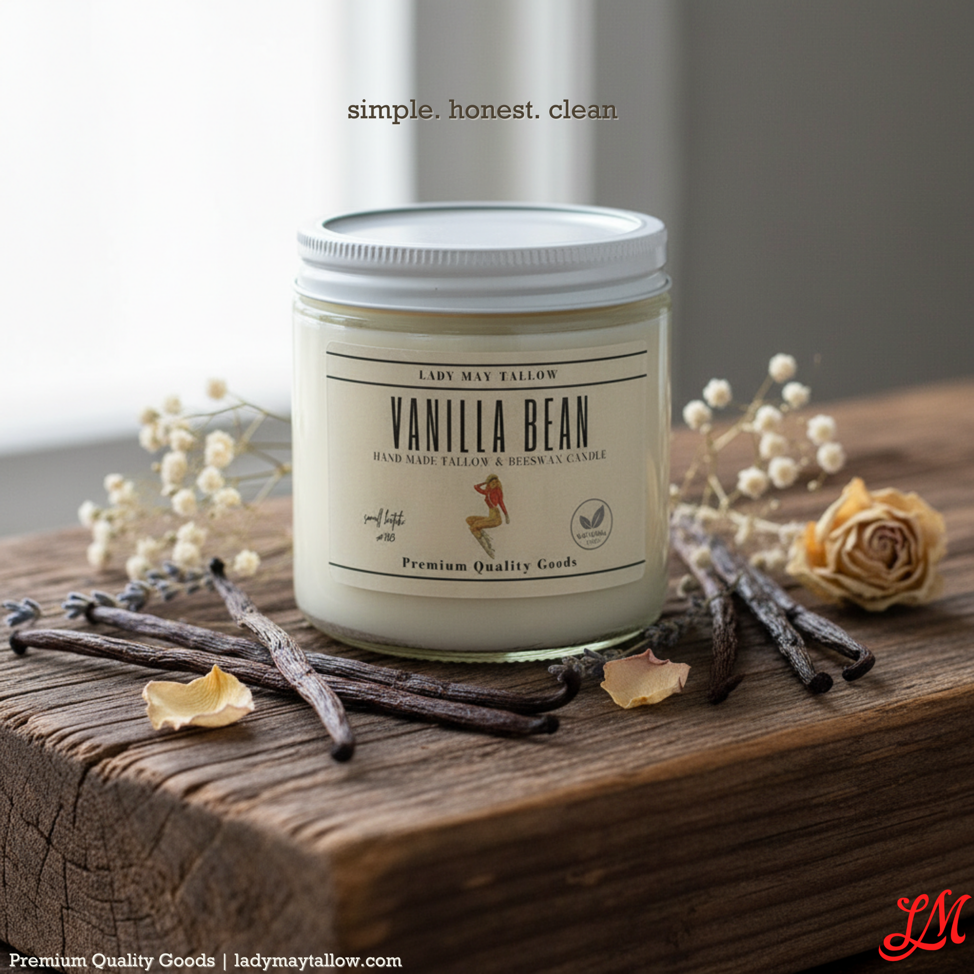Lady May Tallow "Classic" candle in a 16oz jar with beeswax, featuring natural scents and clean, non-toxic burning.