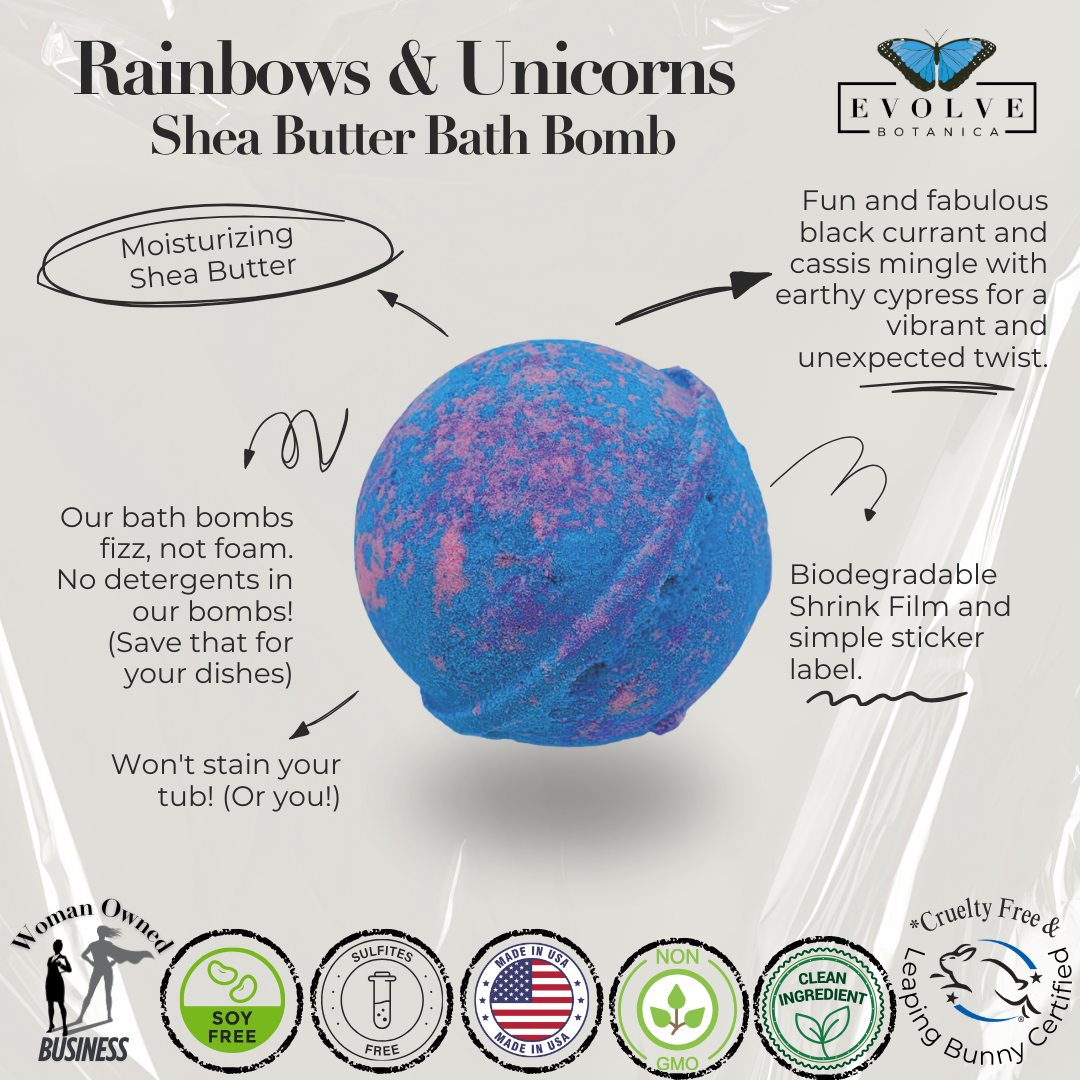 Colorful bath bomb with rainbows and unicorns design from Evolve Botanica, showing vibrant swirls and whimsical unicorn illustrations.