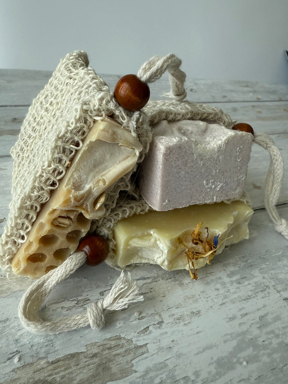 Five Oaks Farm soap sack from the farm with natural fabric and rustic design, ideal for storing or drying handmade soap.