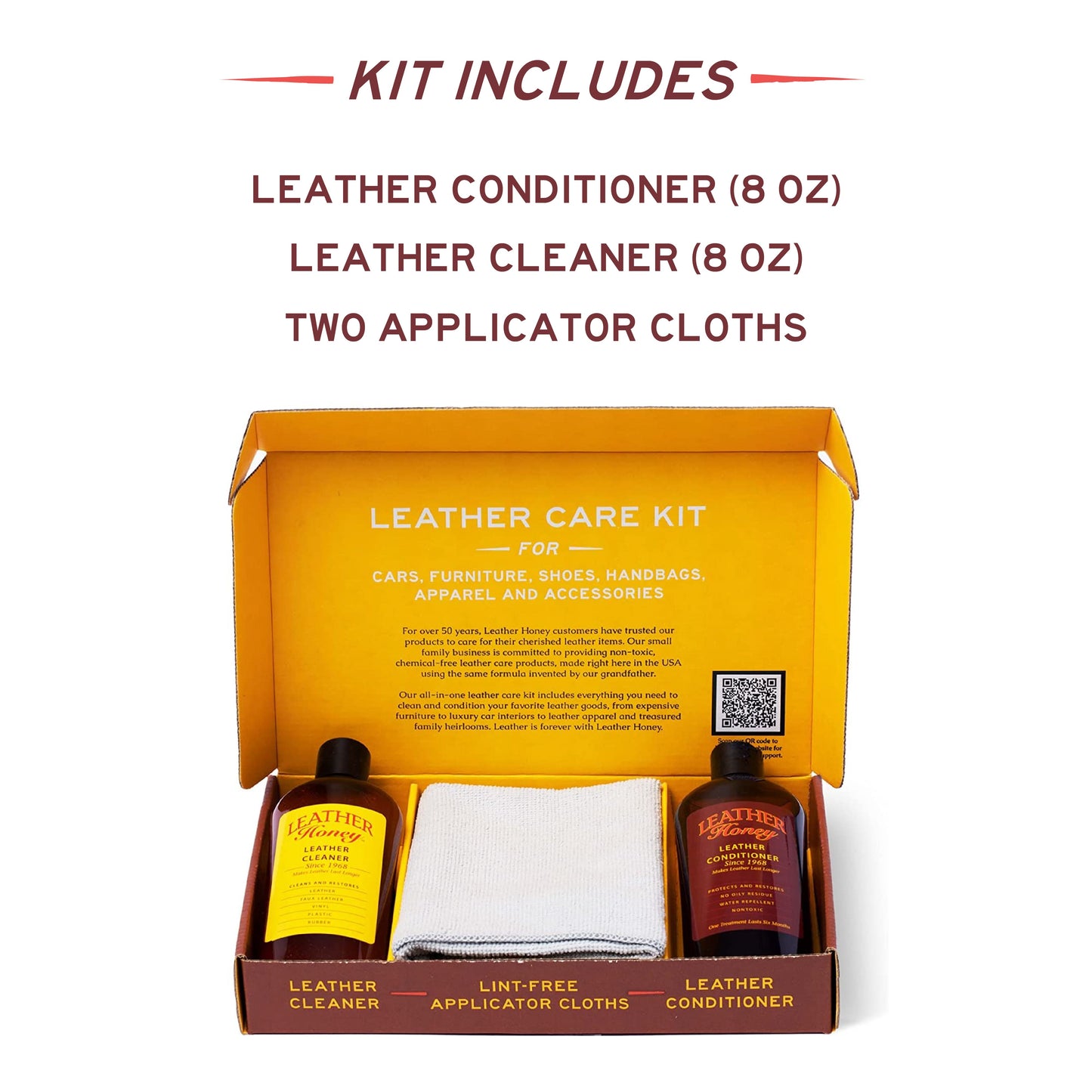 Leather Honey Leather Care Kit with cleaning and conditioning products for leather furniture and accessories.