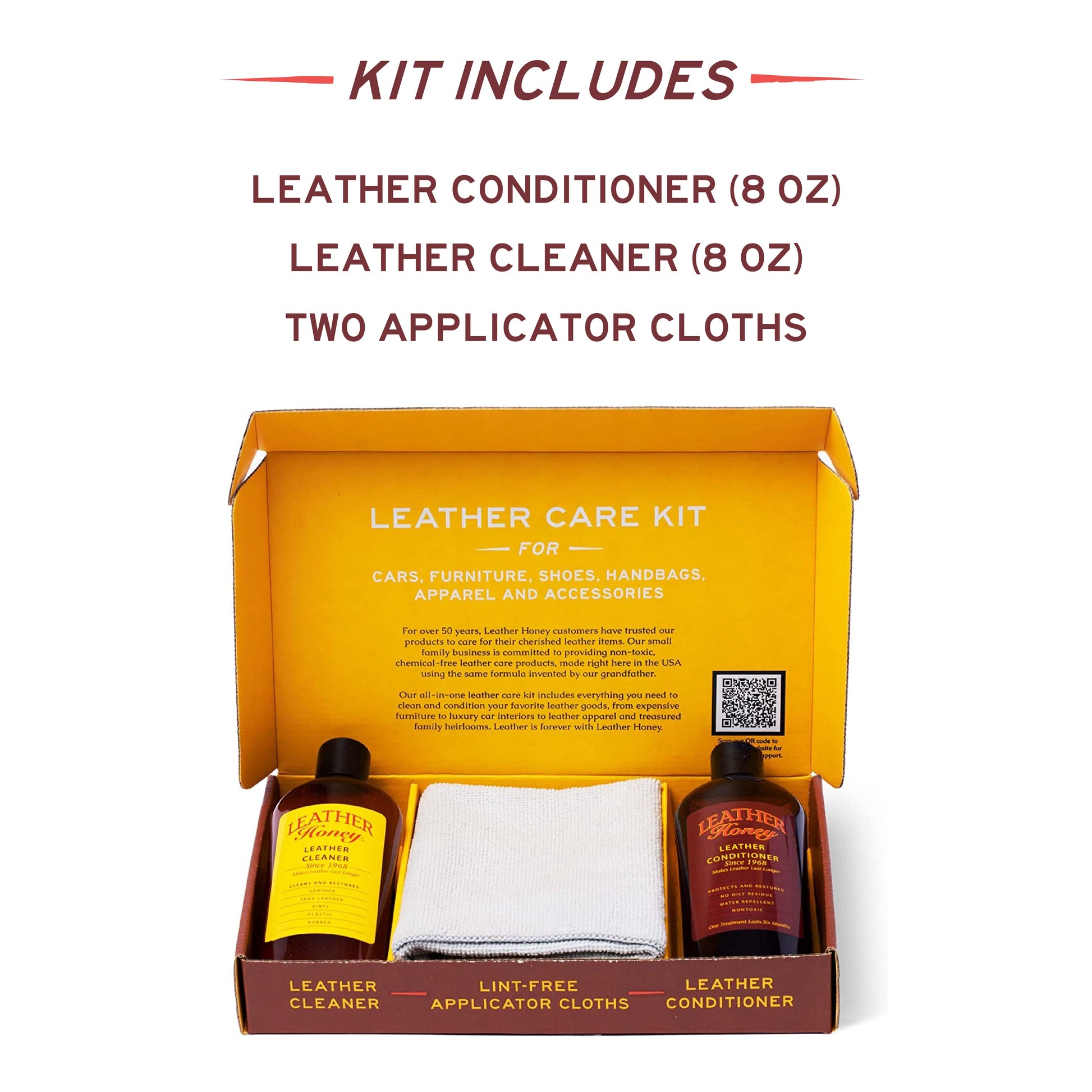 Leather Honey Leather Care Kit with cleaning and conditioning products for leather furniture and accessories.