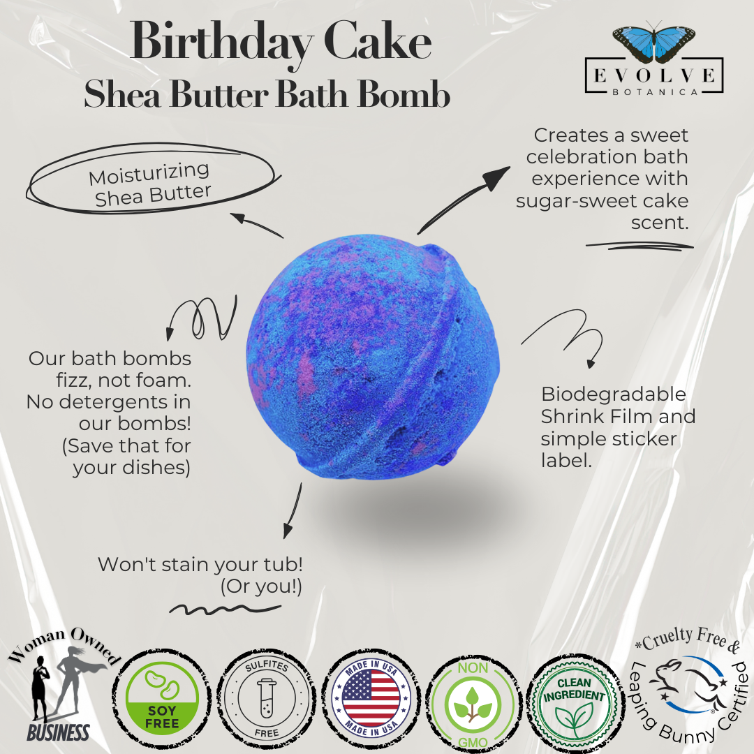 Evolve Botanica birthday cake bath bomb with colorful swirls and festive design, perfect for a relaxing bath experience.